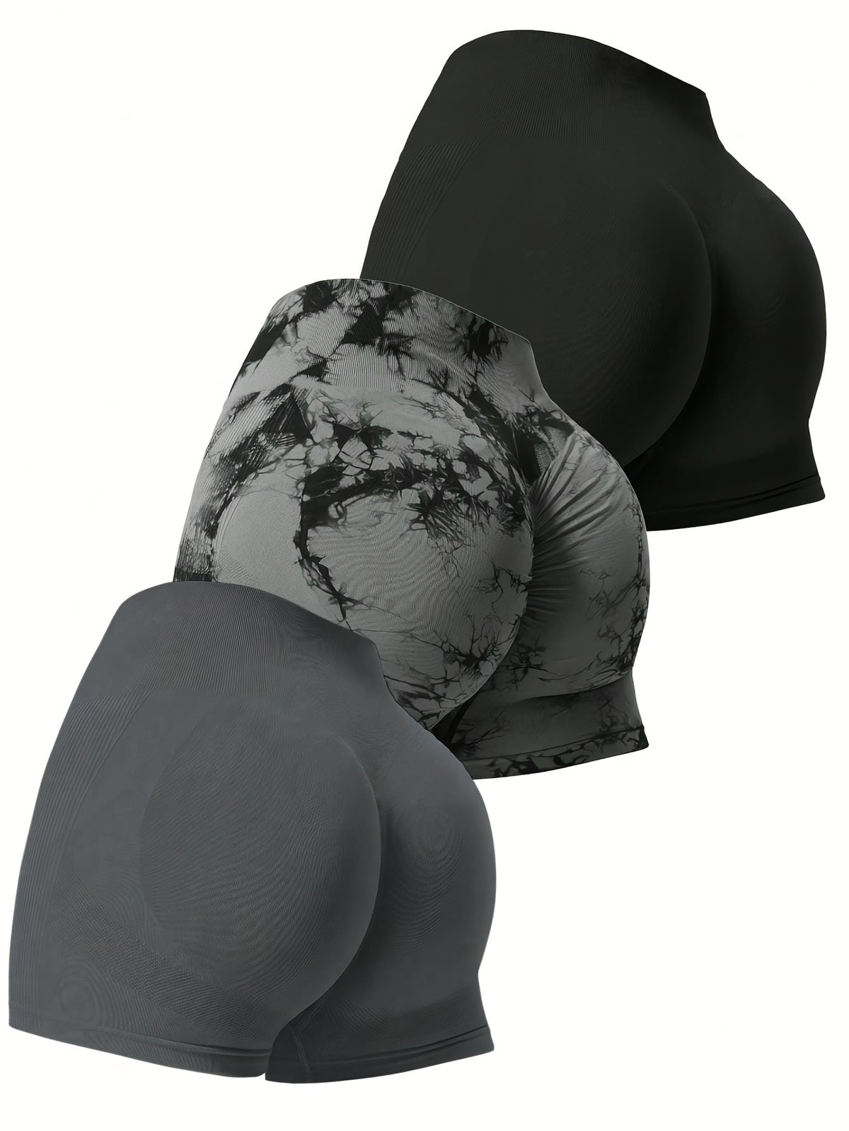 3 Pack Seamless Tie-Dye & Solid Shorts - Dark Gray, Black & Tie-Dye