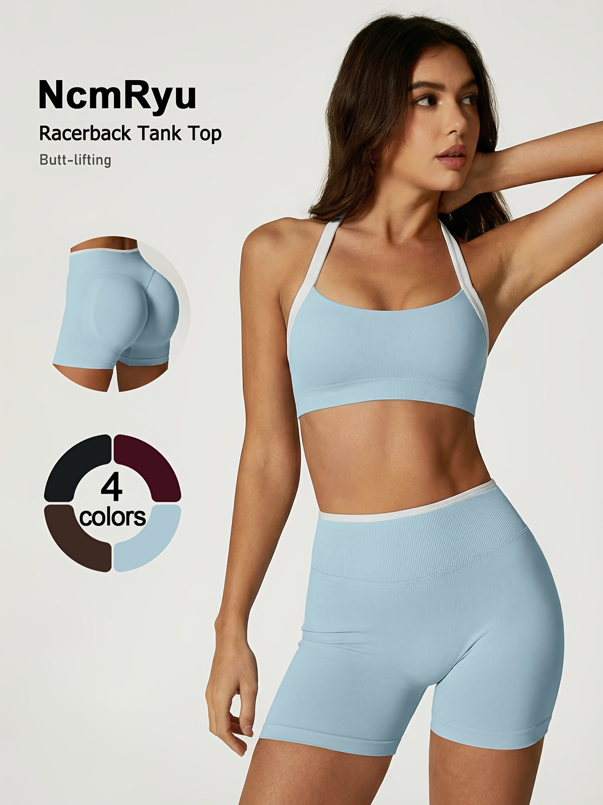 Contrast Trim Halter Bra & Shorts Set - Baby Blue