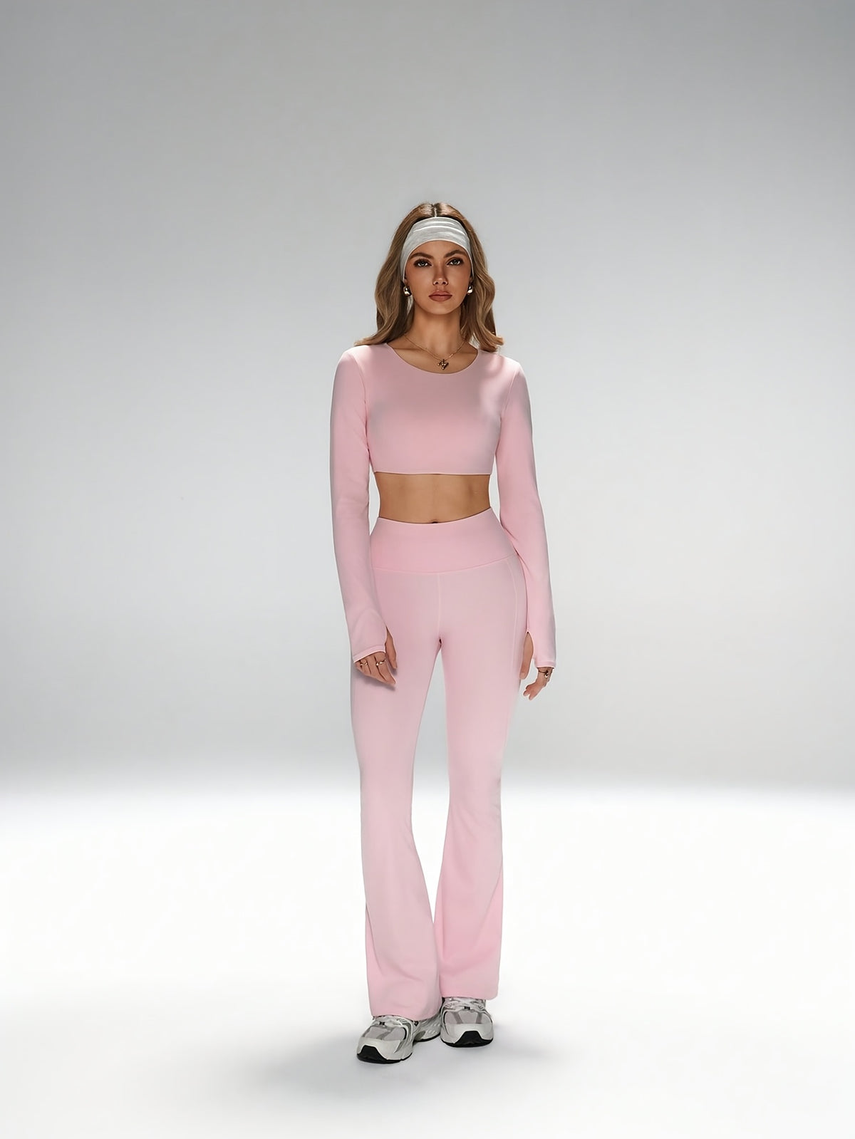 Open Back Long Sleeve Top & Flare Pants Set - Pink Red