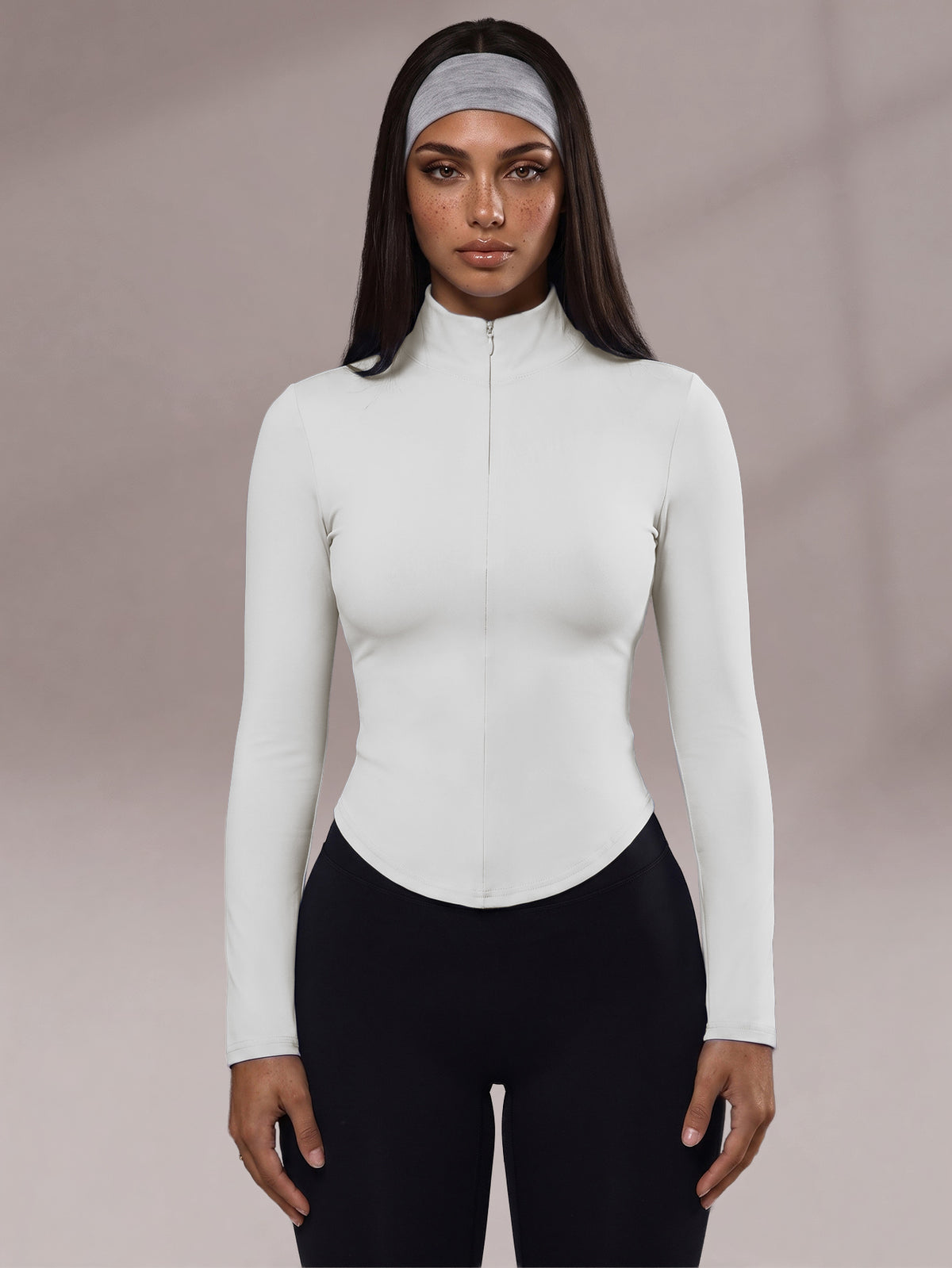 Half Zip Curved Hem Top - White
