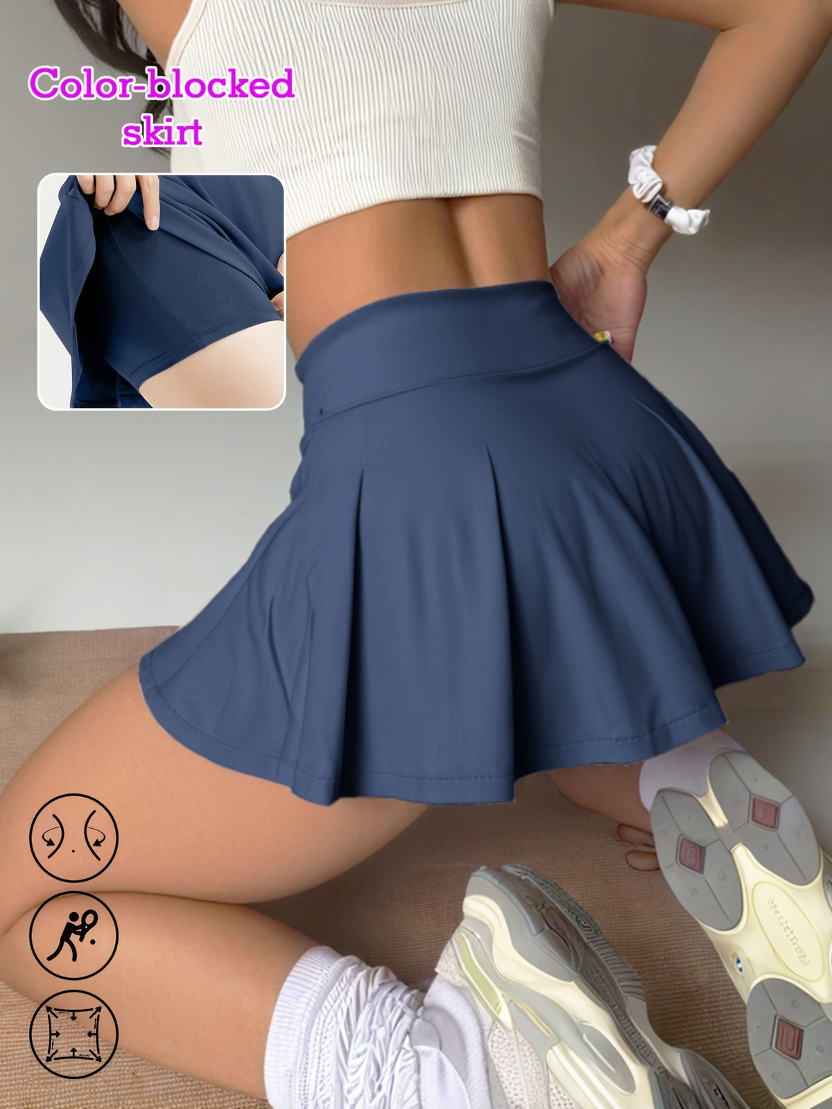 Colour Block Pleated Skort - Navy