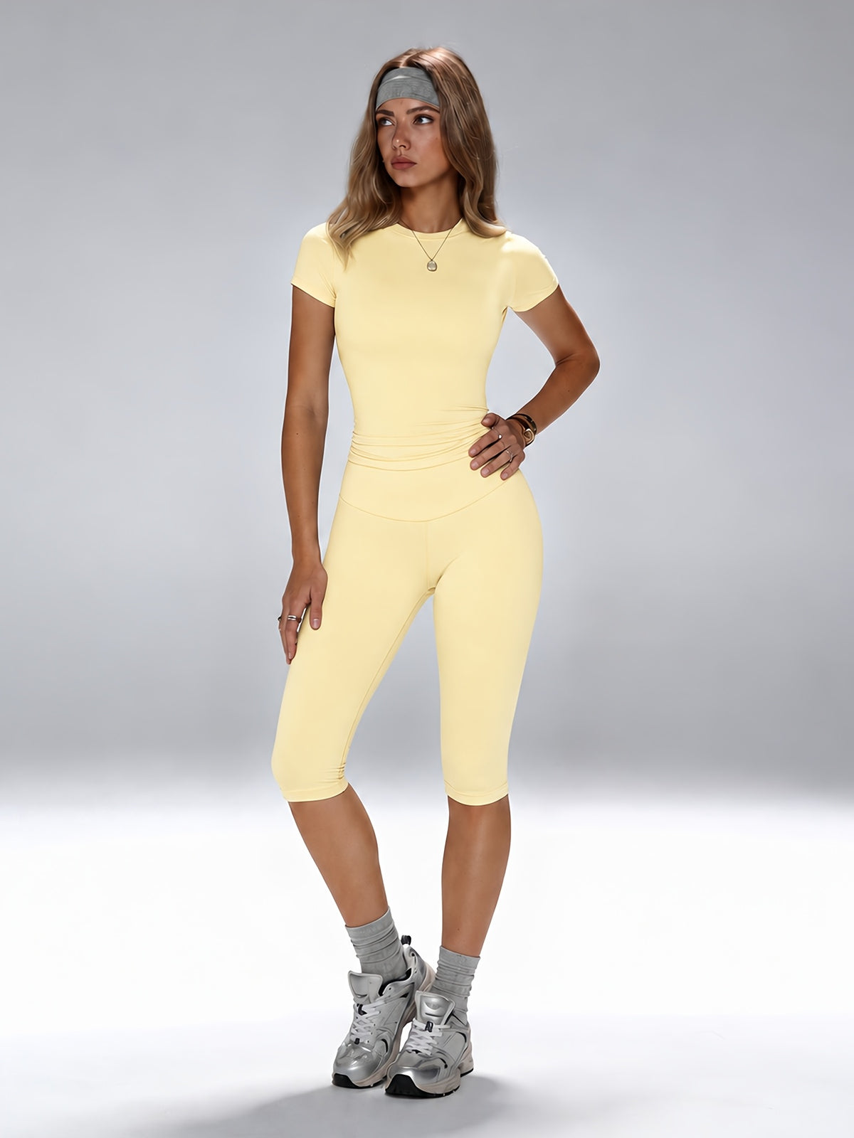 Round Neck Tee & Lifting Cropped Pants Set - Cream Yellow