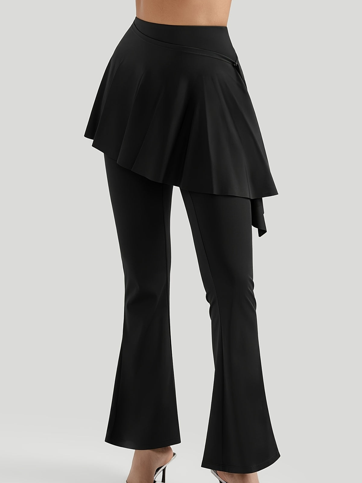 V-Neck Bra & Skirted Wide Leg Pants Set - Black