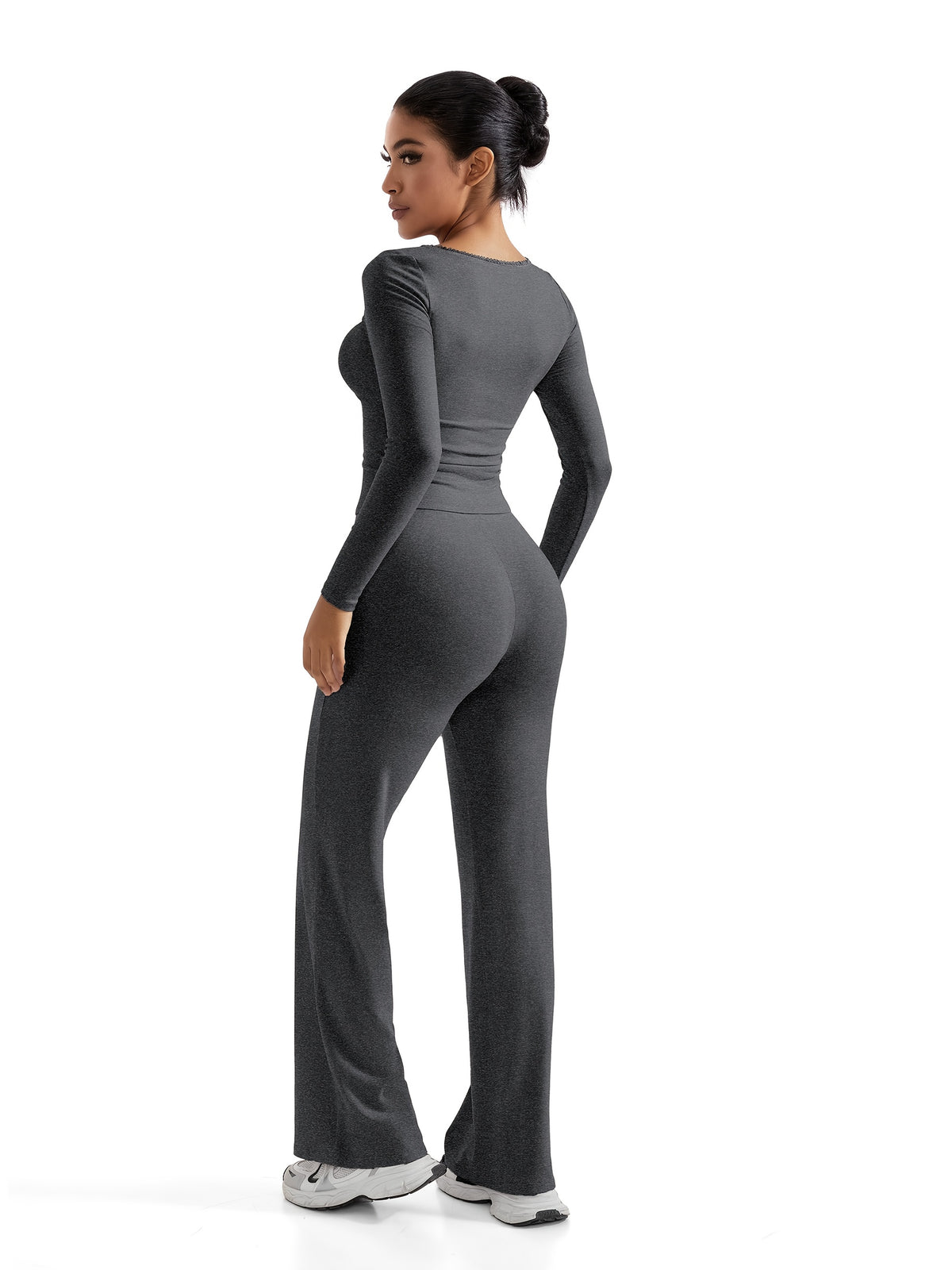 Long Sleeve Top & Straight Leg Pants Set - Dark Gray