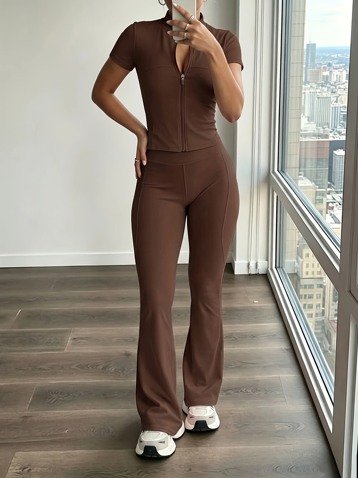 Thumb Loop Zip Jacket & Flare Pants Set - Coffee