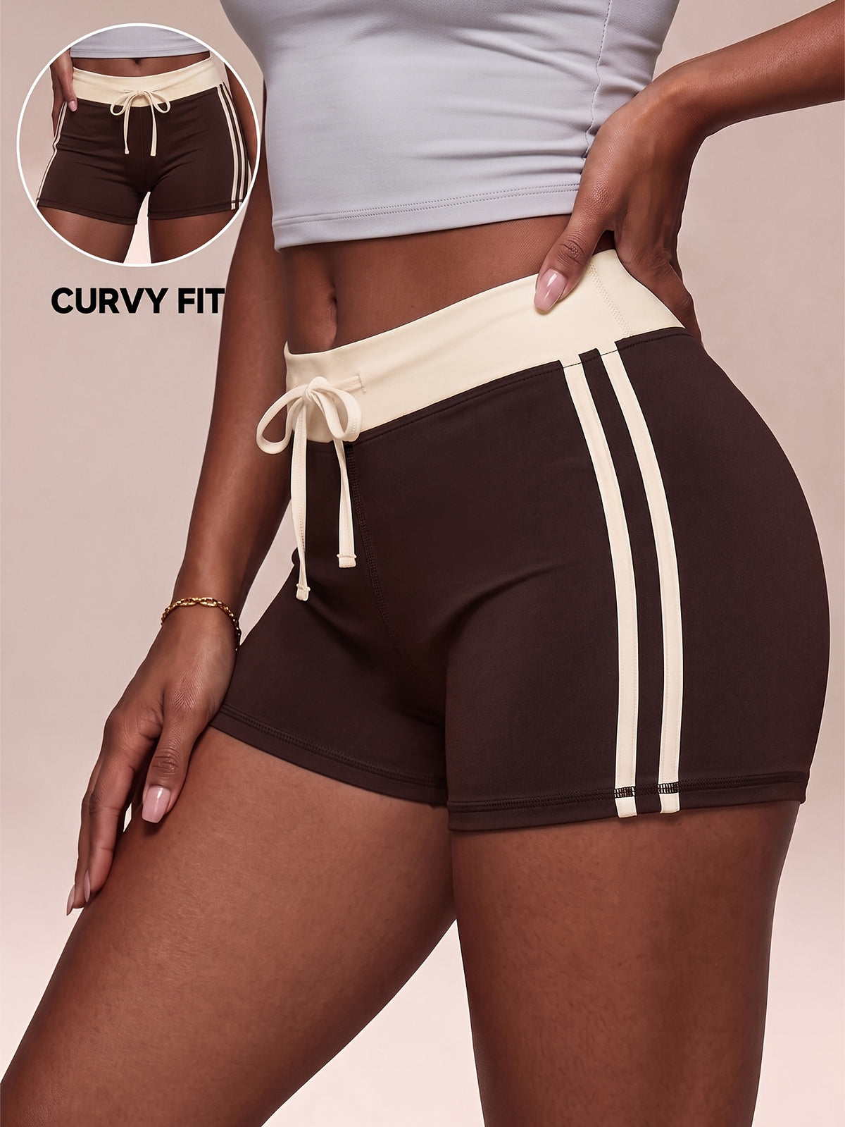Side Stripe Drawstring Shorts - Coffee