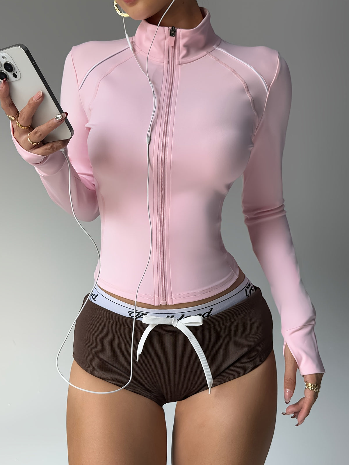Contrast Stand Collar Zip Jacket - Pink Red