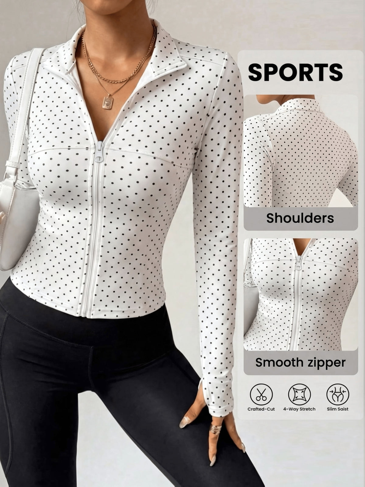 Polka Dot Collared Zip Jacket - White