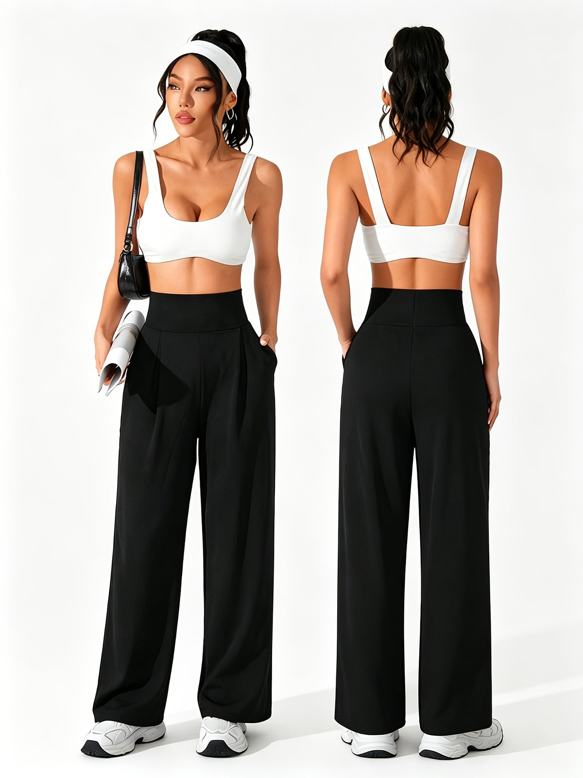 2 Pack Pleated Wide Leg Pocket Pants - Black