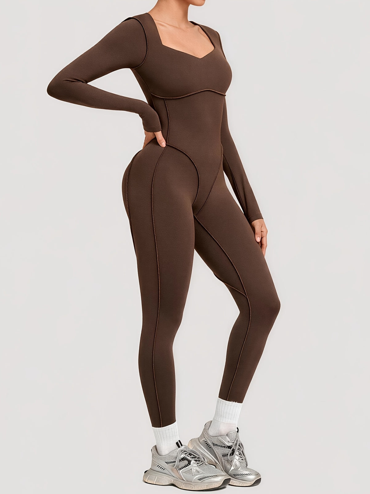 Long Sleeve Padded Jumpsuit - Coffee
