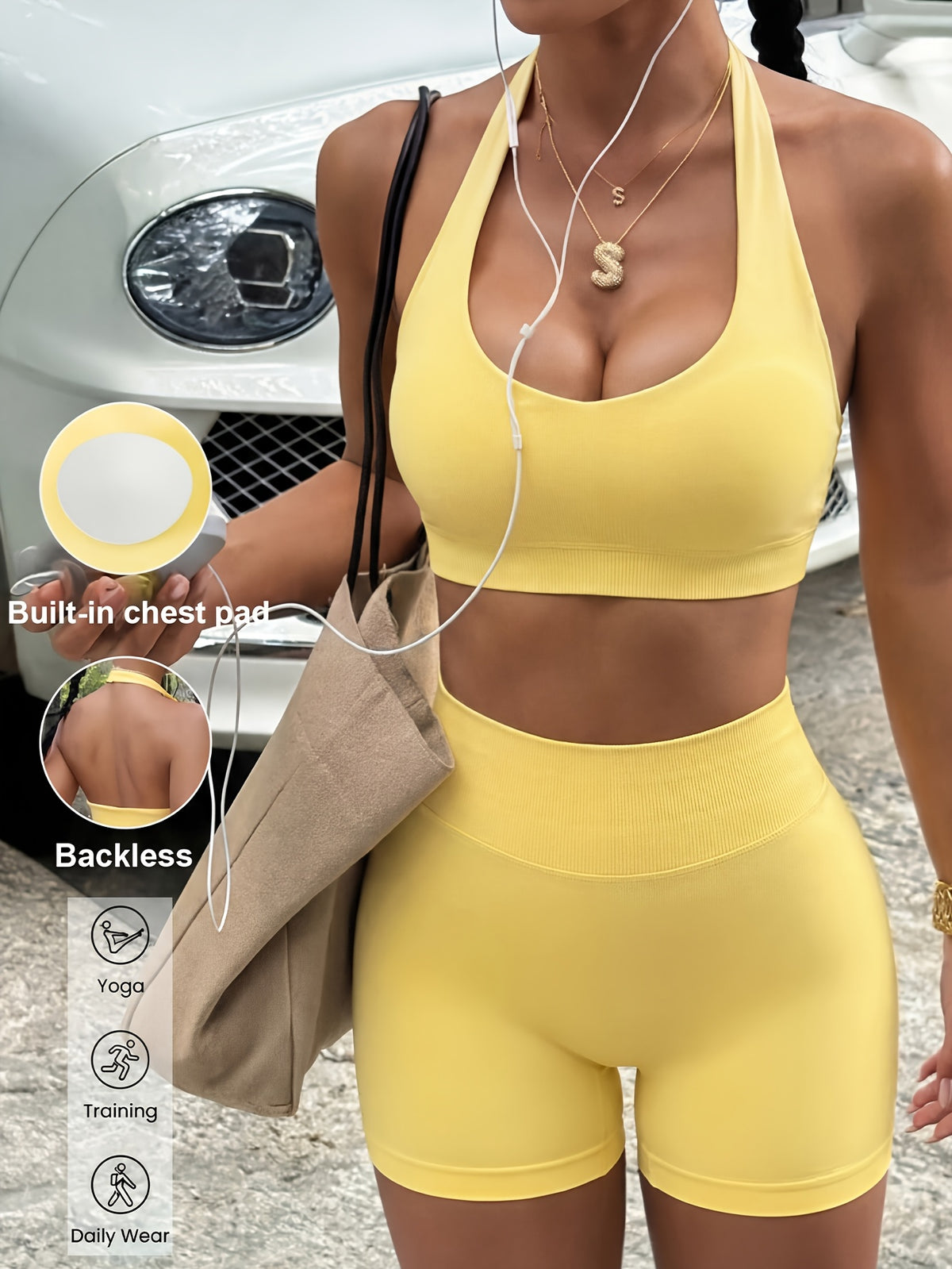 Halter U Neck Bra & Shorts Set - Yellow