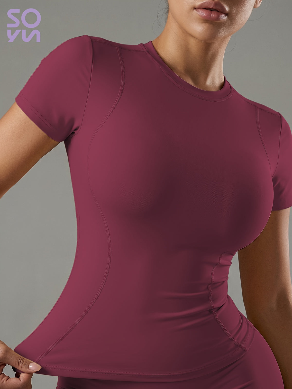 Quick-Dry Round Neck Yoga Tee - Burgundy