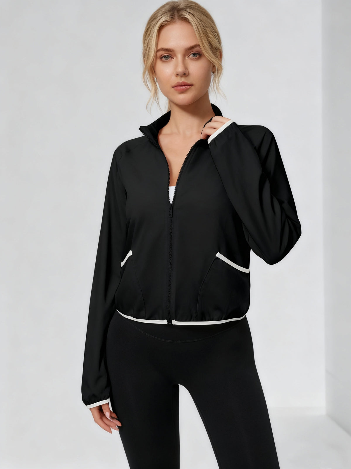 Contrast Trim Stand Collar Windbreaker - Black