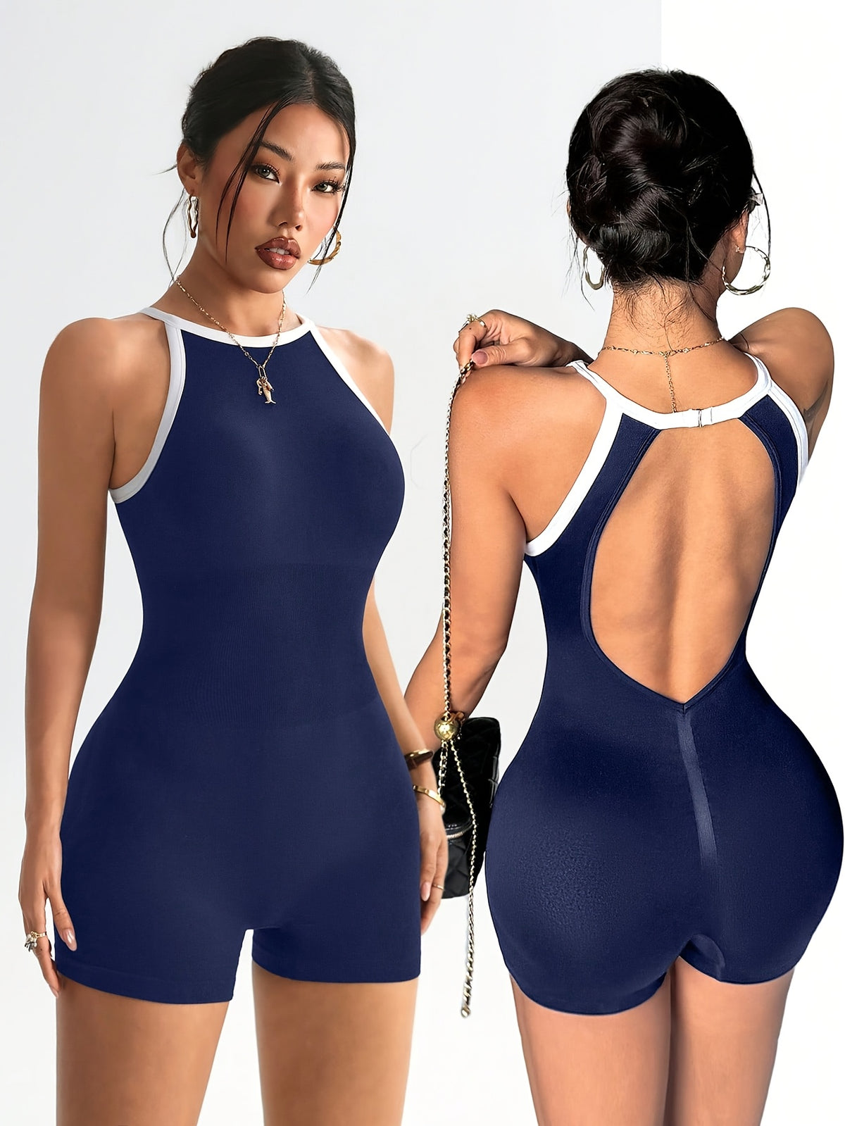 High Neck Open Back Romper - Navy