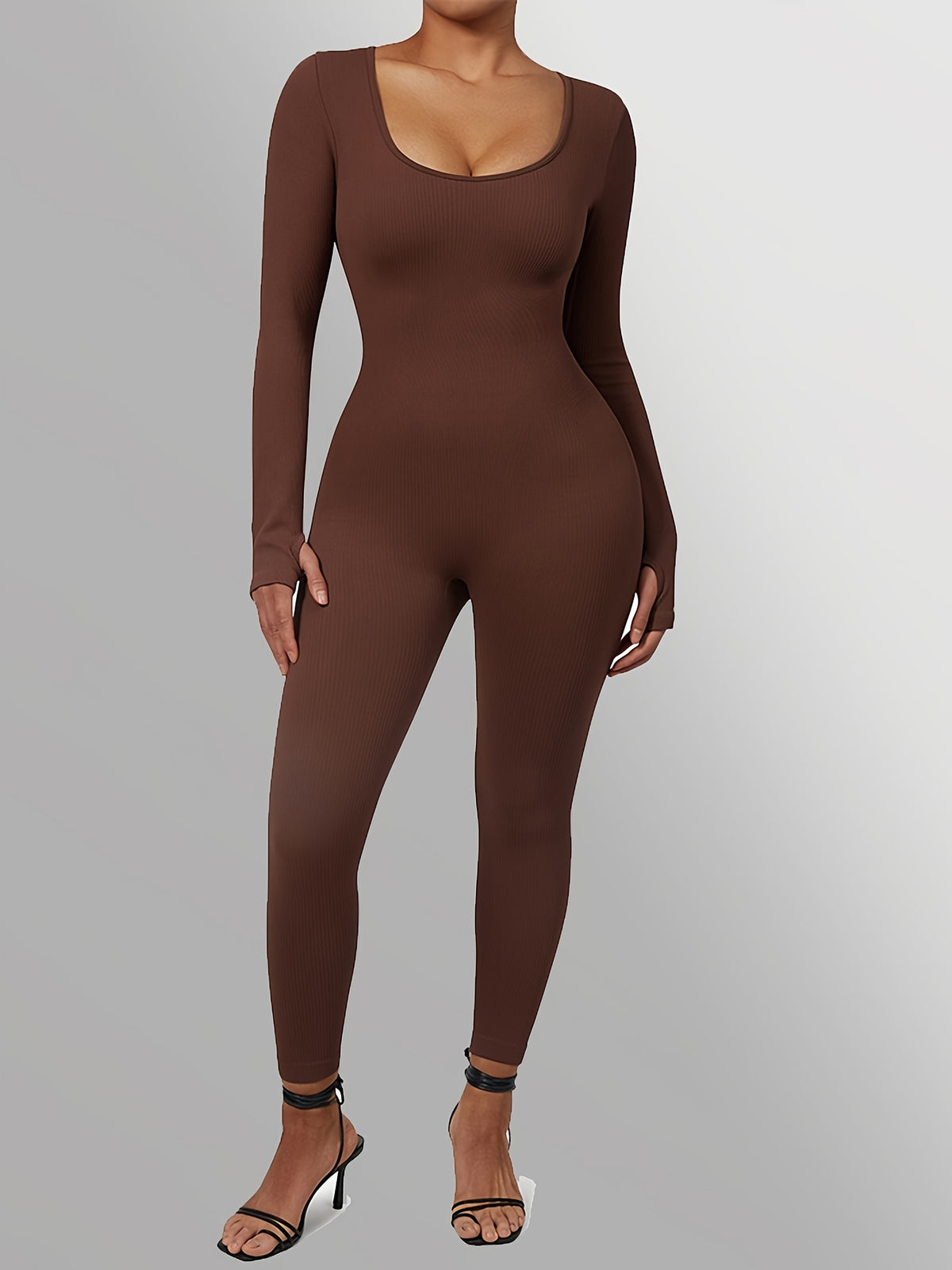 Ribbed Long Sleeve Seamless Jumpsuit - Dark Brown