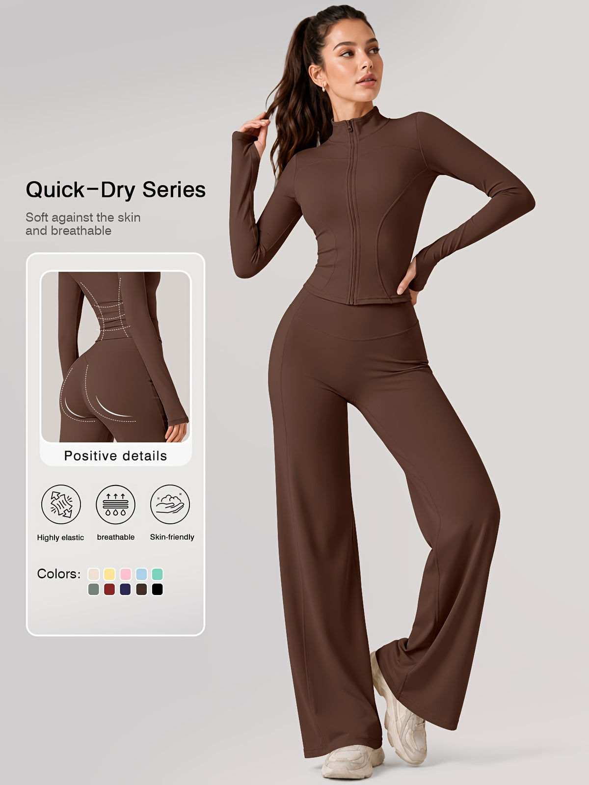 Zip Jacket & Wide Leg Pants Set - Brown