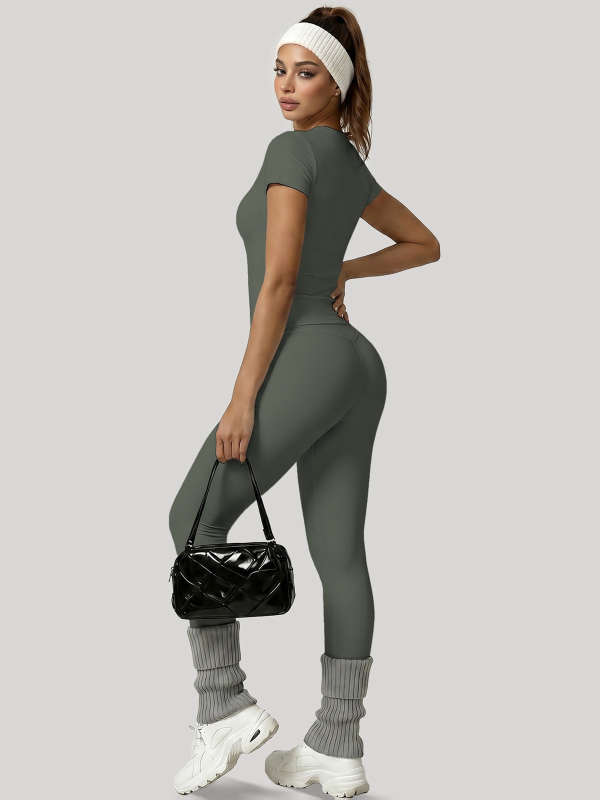 Round Neck Top & Tummy Tuck Leggings Set - Yellow Green