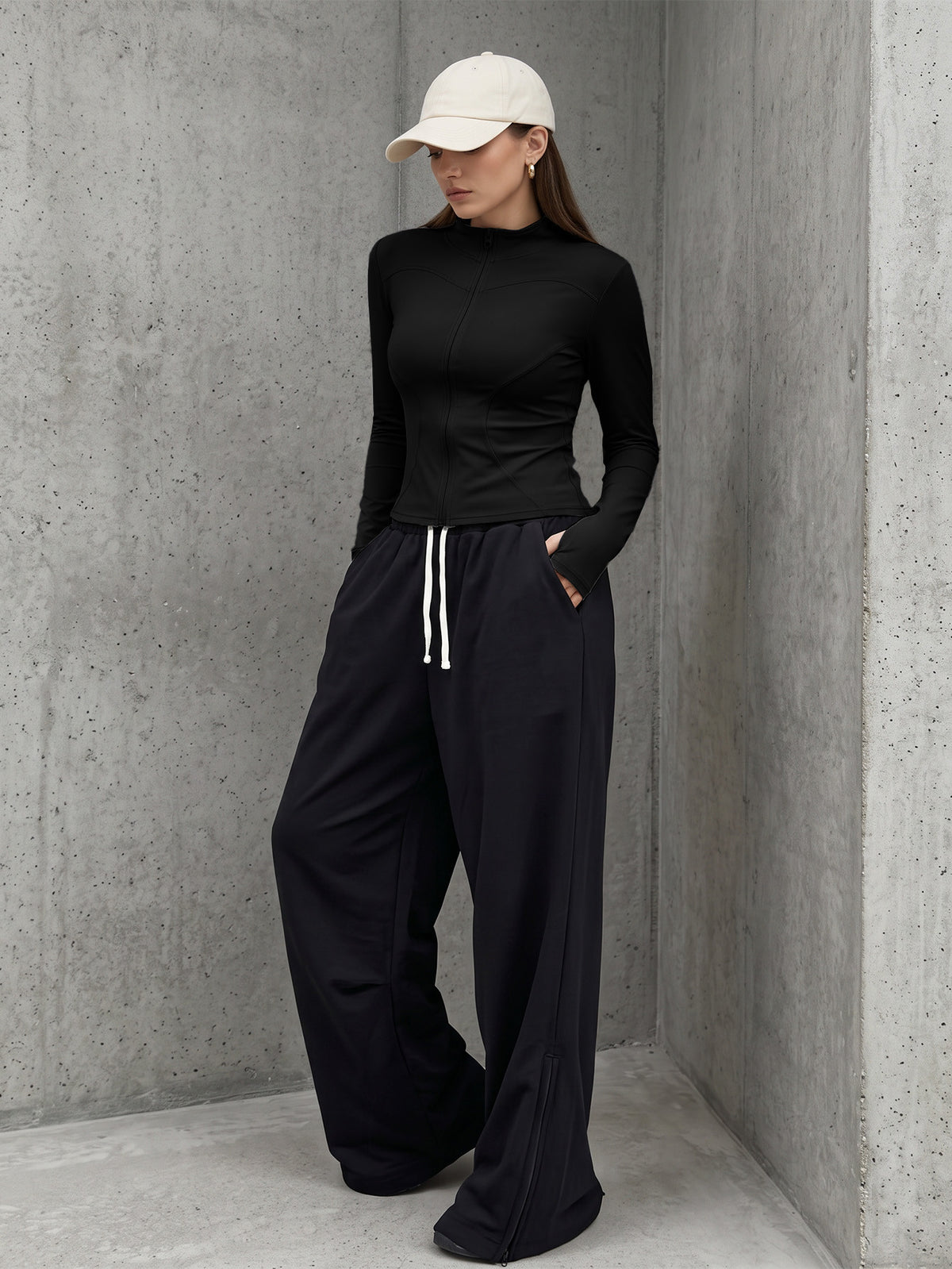 Thumbhole Stand Collar Zip Jacket - Black