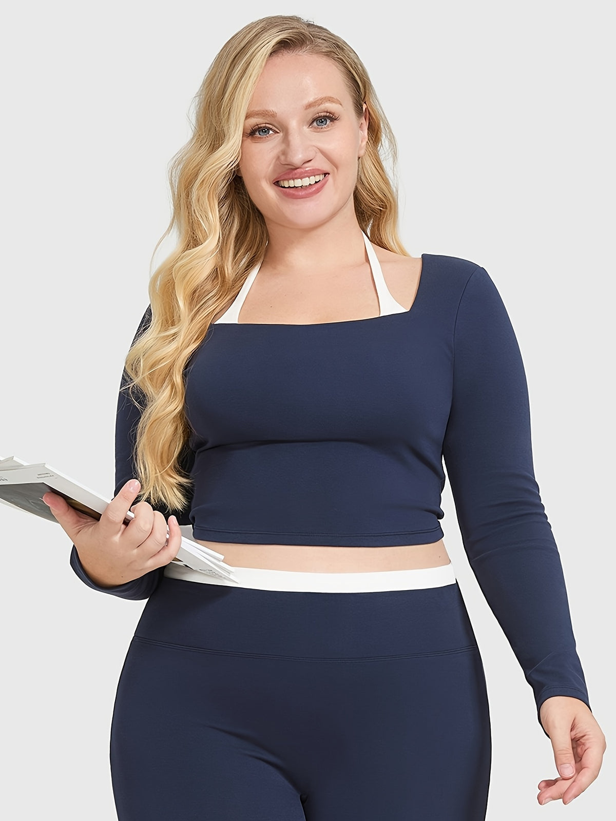 Open Neck Long Sleeve Yoga Top - Navy