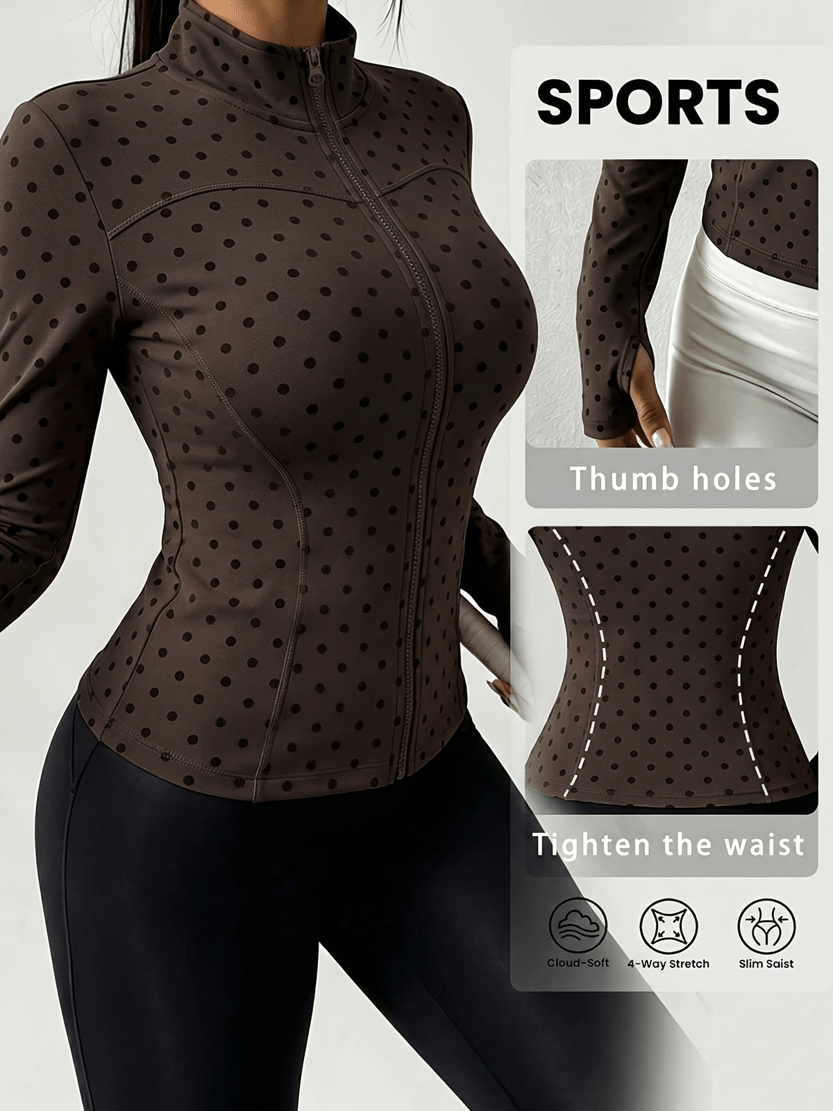 Polka Dot Thumbhole Zip Jacket - Polka Dot Brown