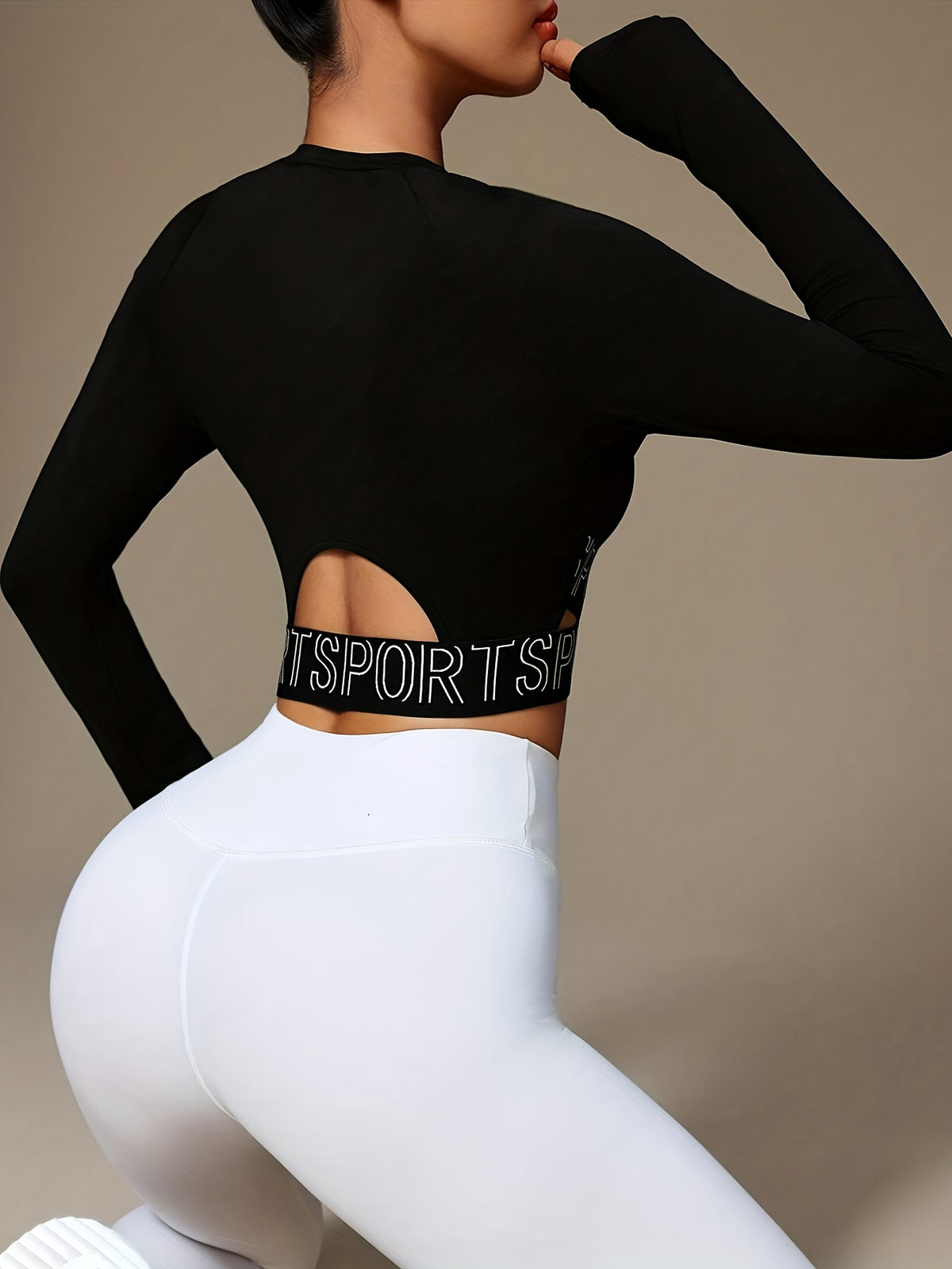 Criss-Cross Letter Strap Long Sleeve Top - Black