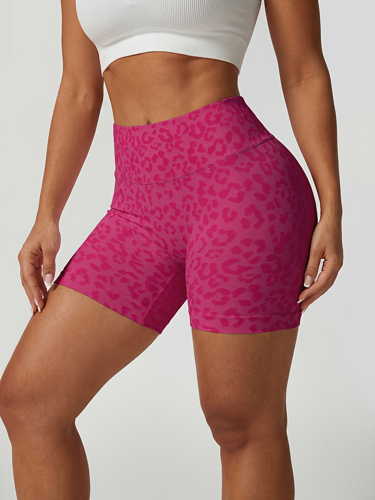 Leopard Seamless Ribbed Biker Shorts - Raspberry