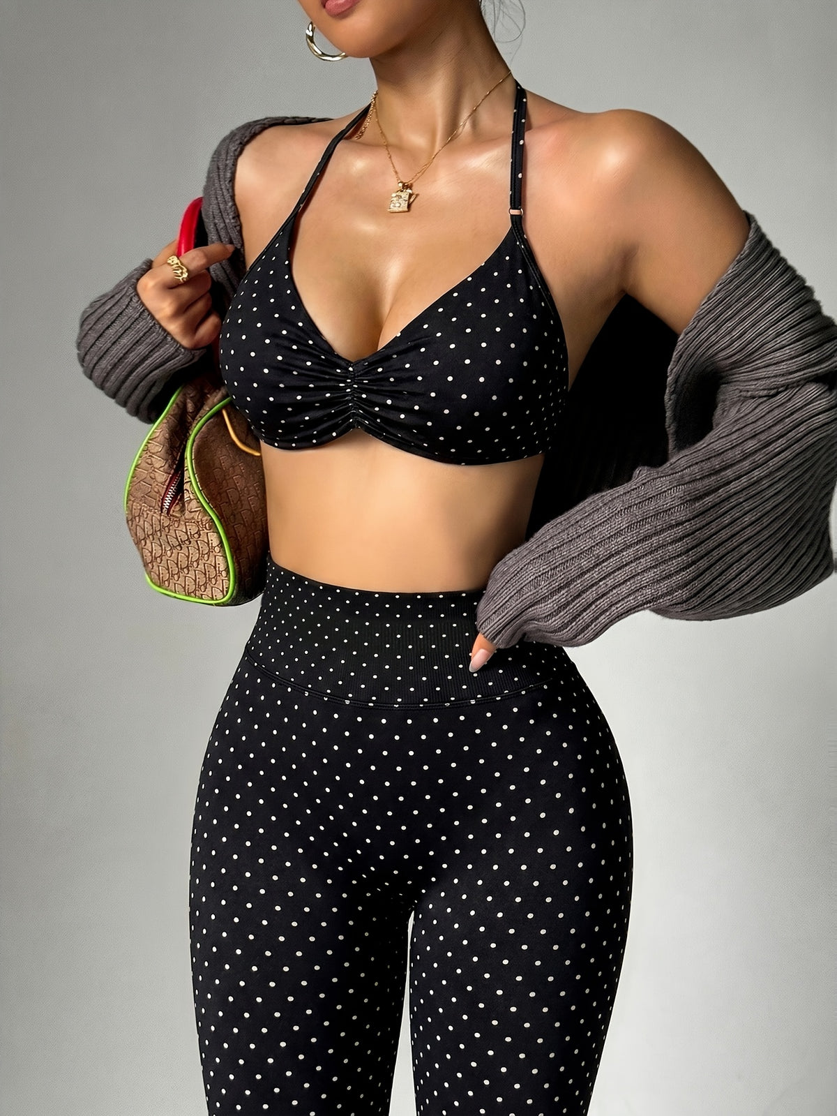 Polka Dot Halter Bra & Leggings Set - Black