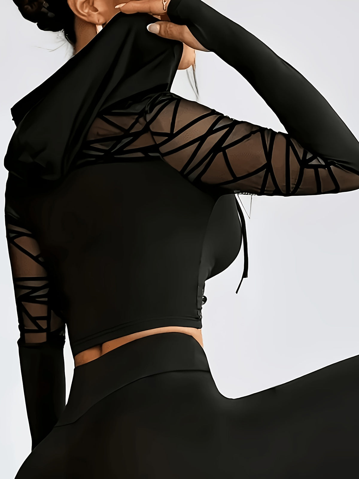 Mesh Panel Cropped Hoodie - Black