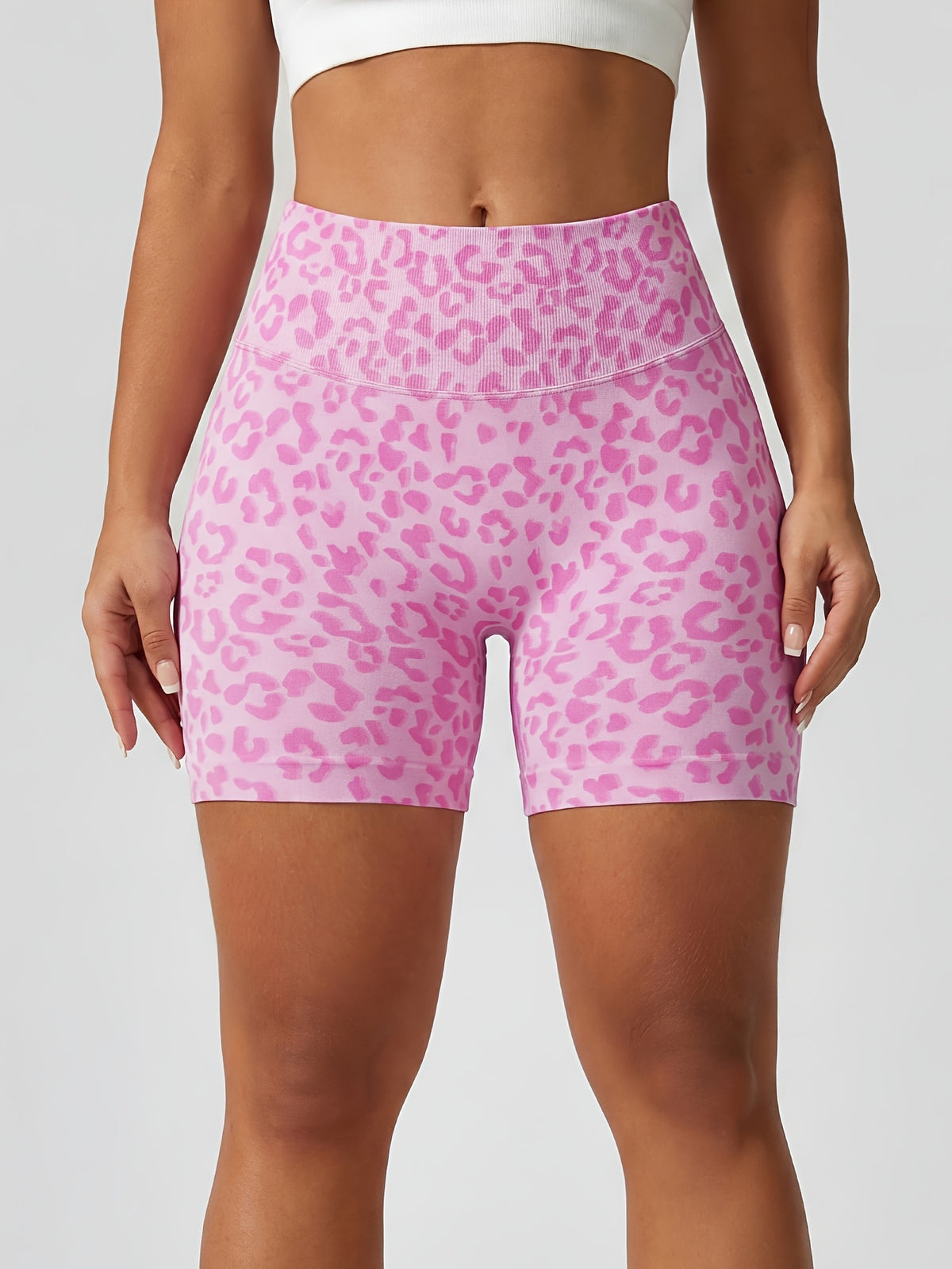 Leopard Seamless Ribbed Biker Shorts - Pink