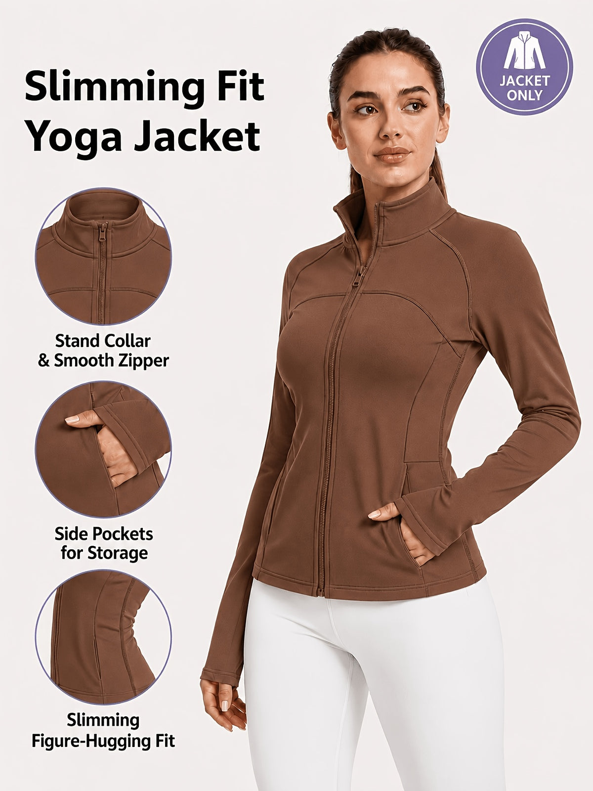 Stand Collar Double Sided Zip Jacket - Brown