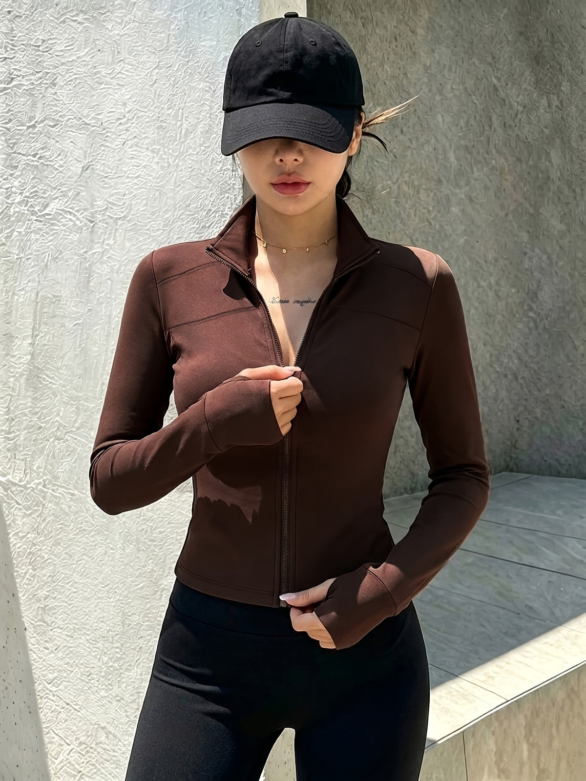 Lined Stand Collar Cropped Zip Jacket - Coffee