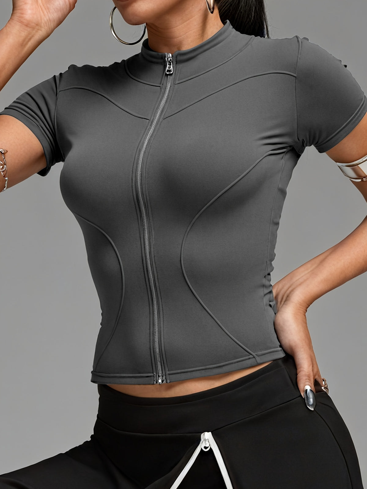 Short Sleeve Cropped Zip Jacket - Grey