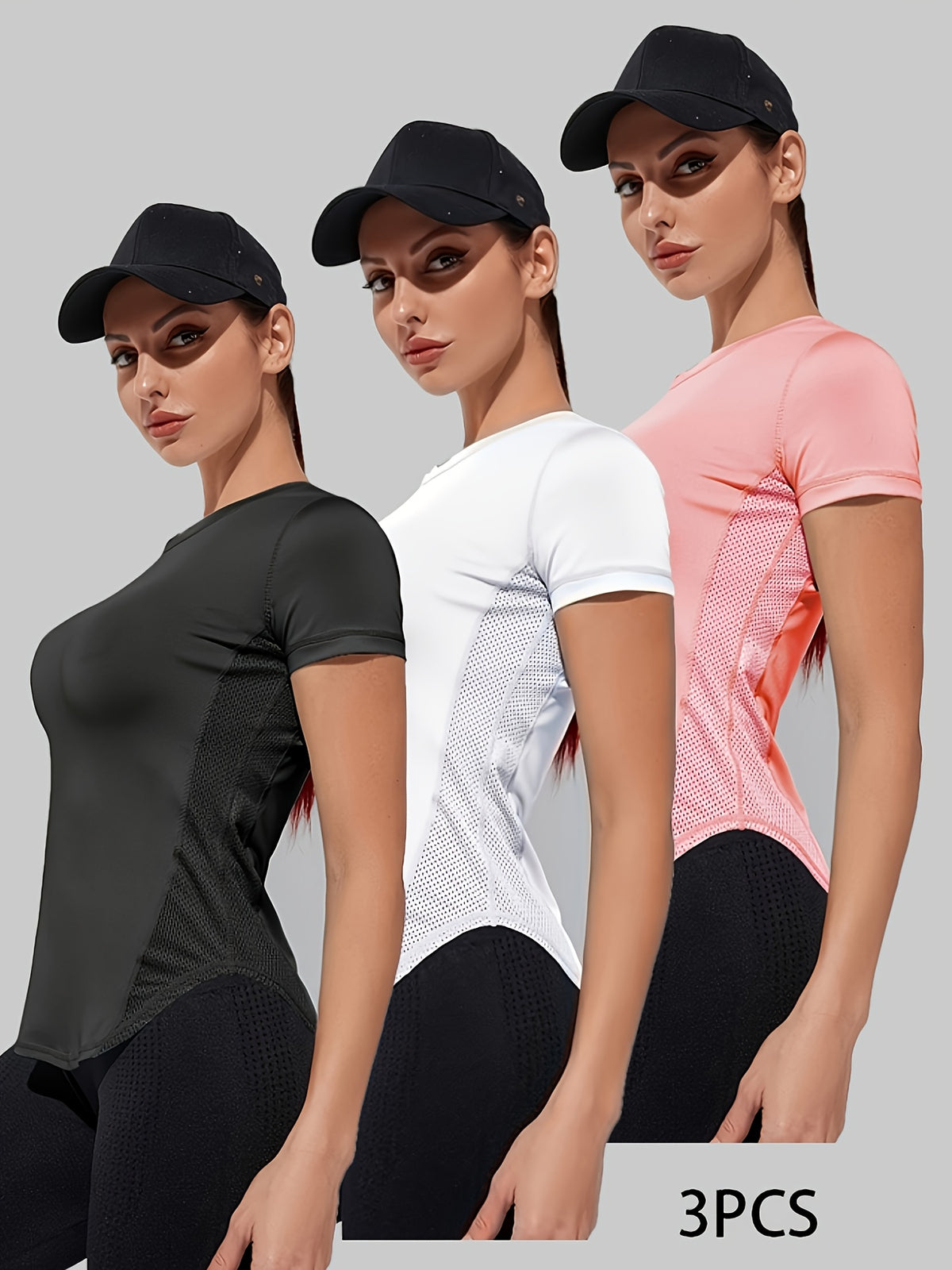 3 Pack Mesh Panel Sports Tees - Black, White & Pink