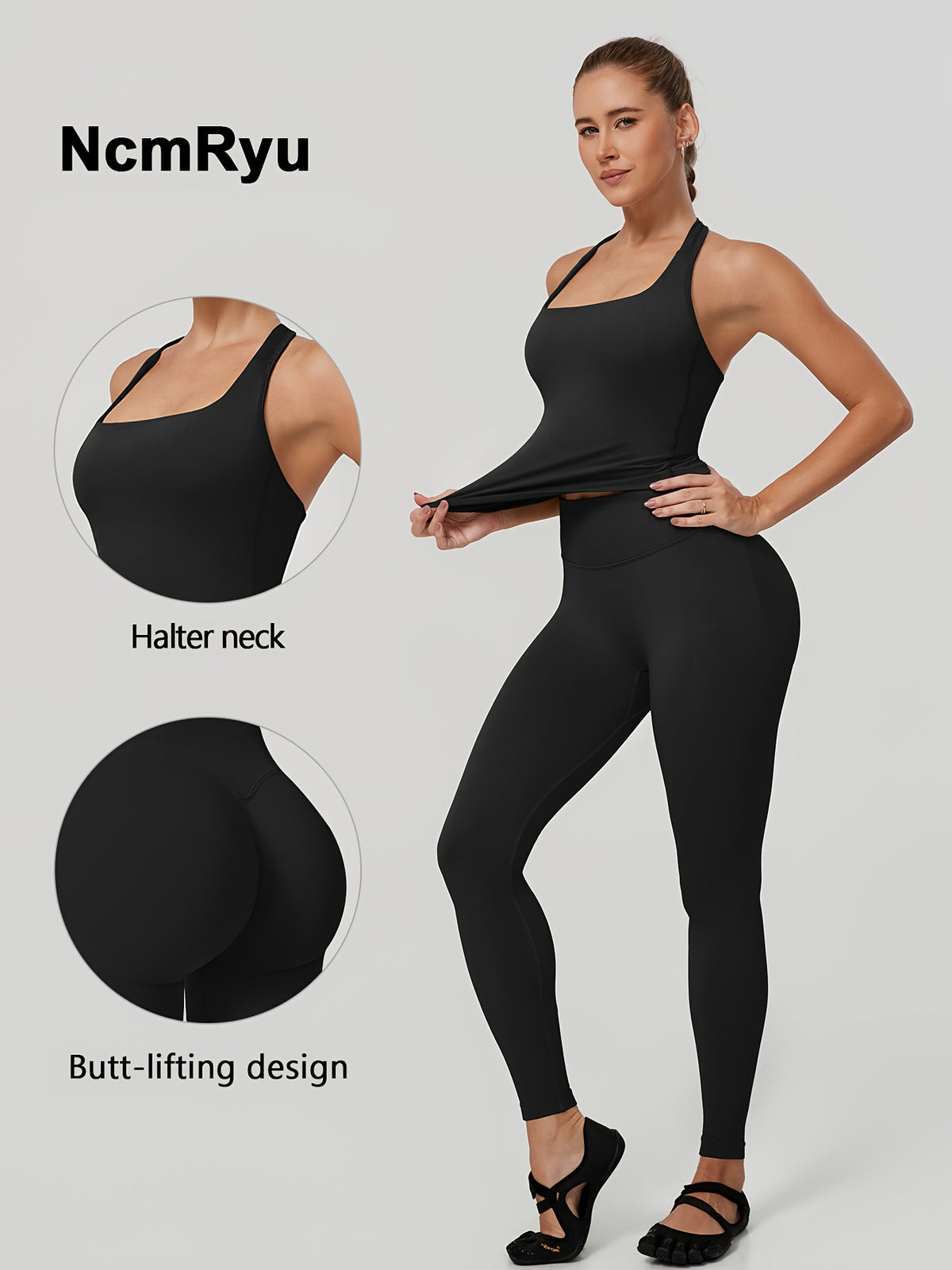 Square Neck Halter Tank & Leggings Set - Black