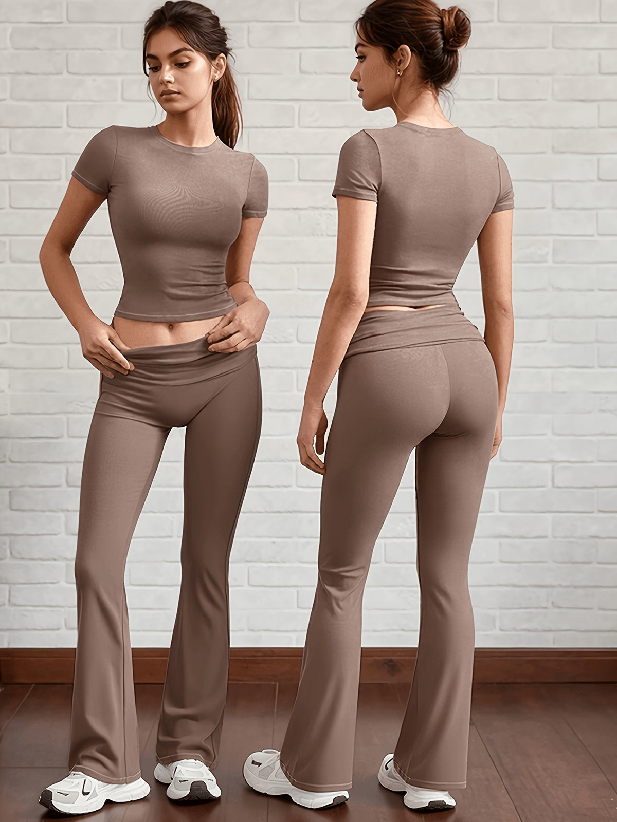 Short Sleeve Crop Top & Wide Leg Pilates Set - Khaki