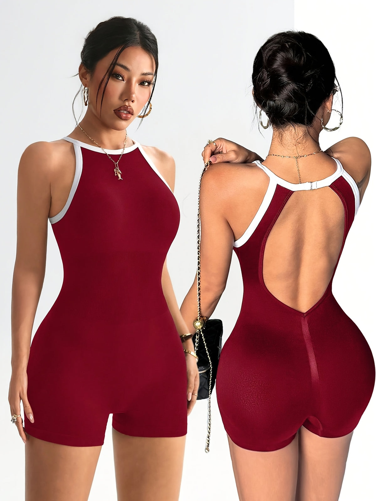 High Neck Open Back Romper - Burgundy