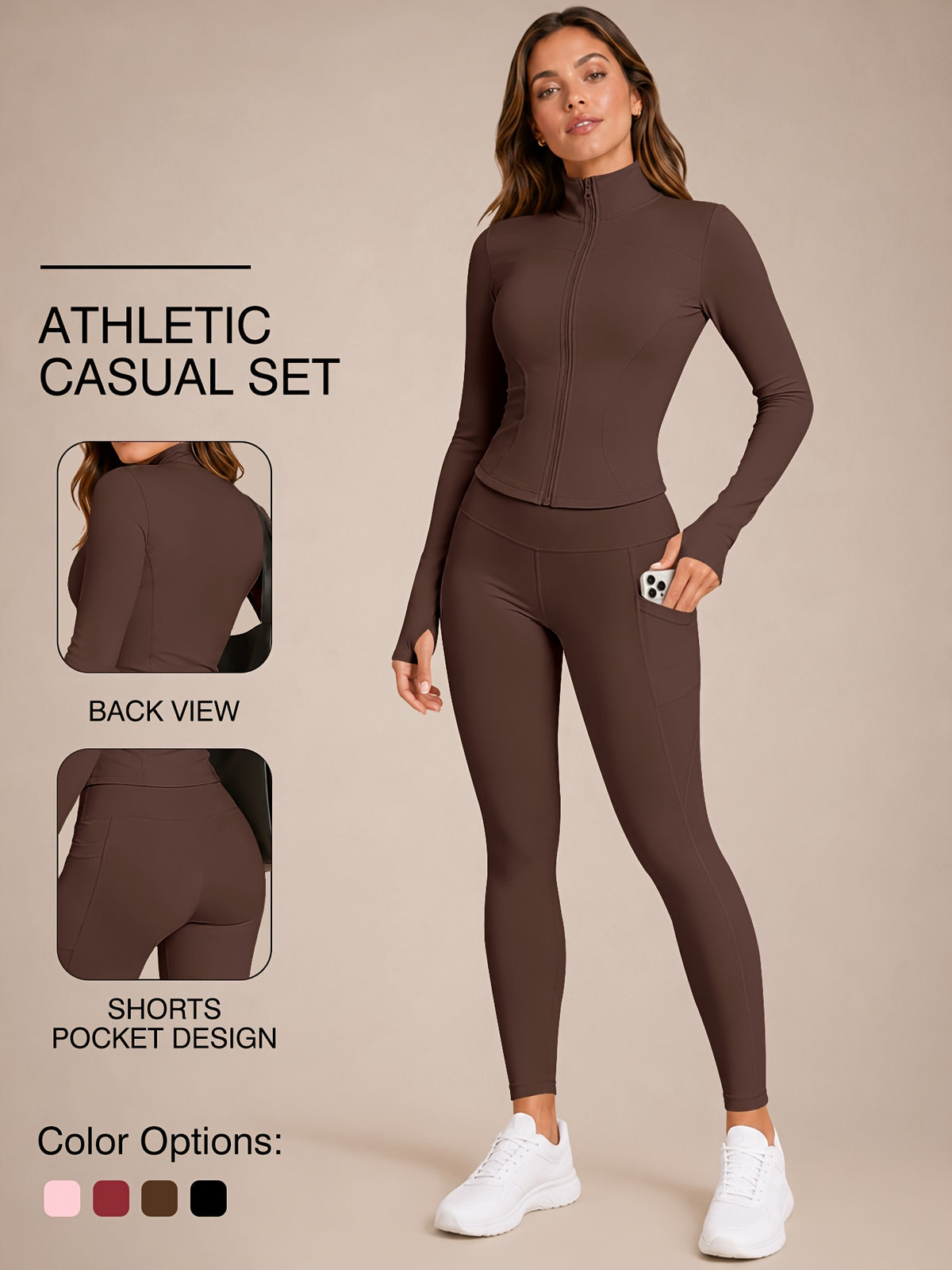 Stand Collar Jacket & Leggings Set - Brown