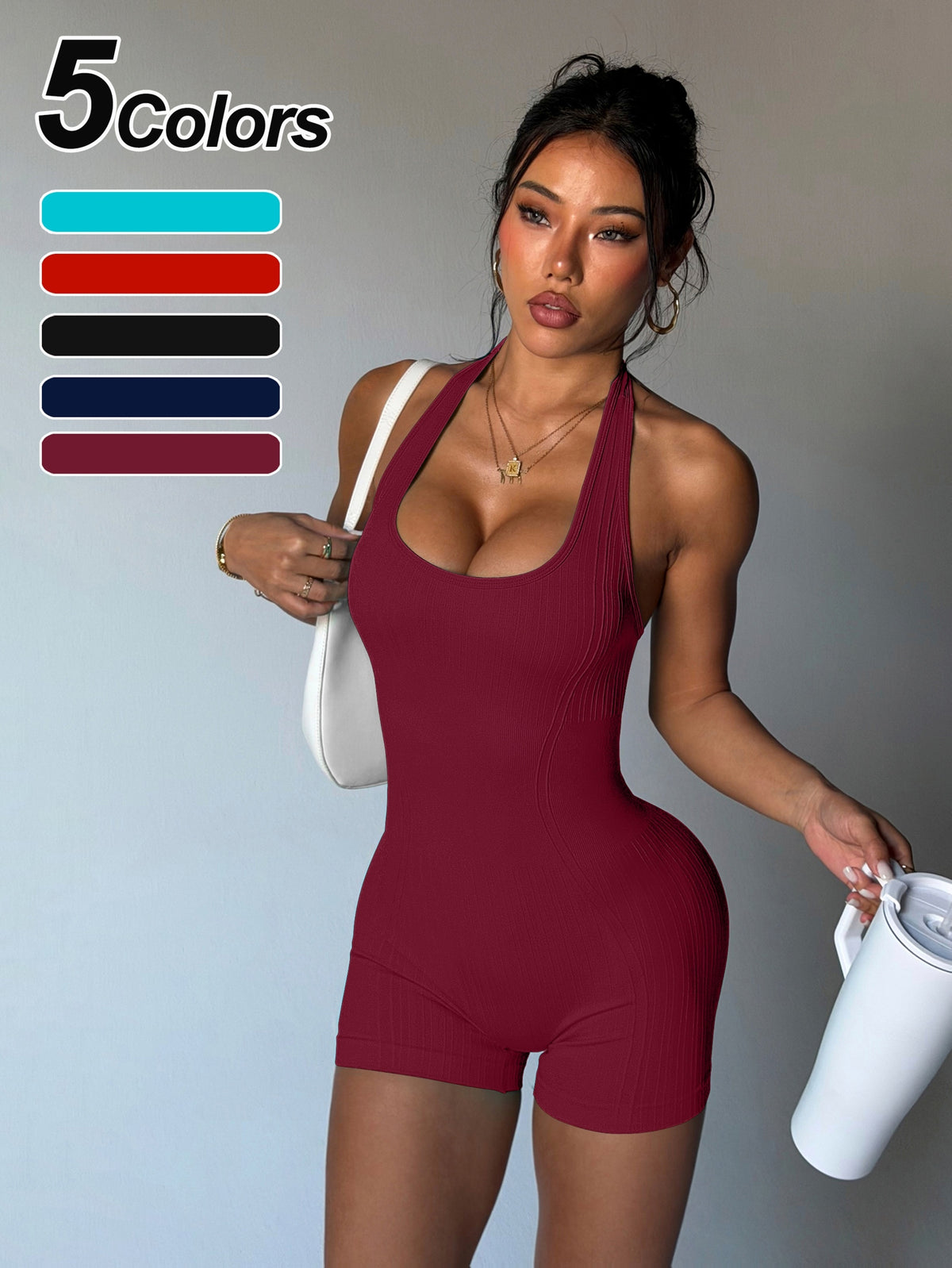 Halter Cutout Back Romper - Burgundy