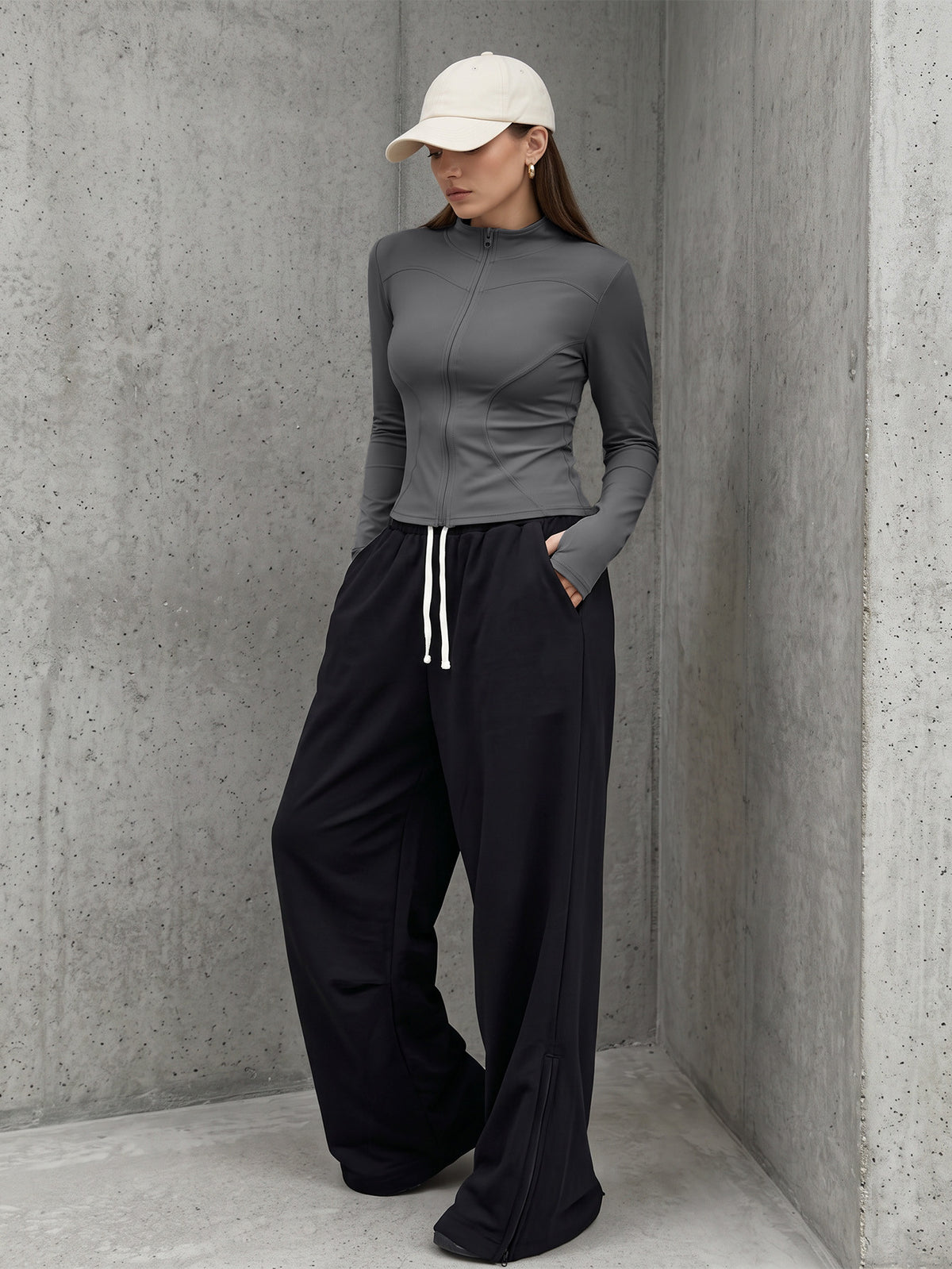 Thumbhole Stand Collar Zip Jacket - Grey