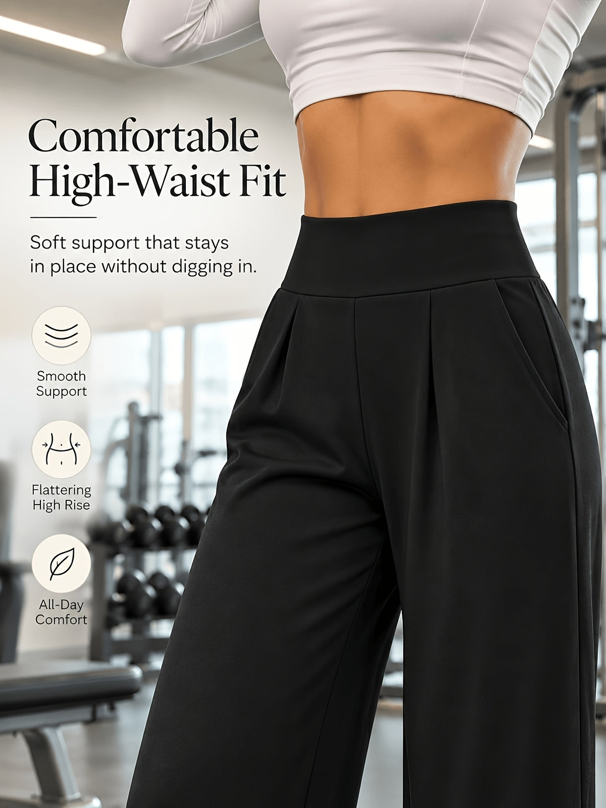 Front Pleat Straight Leg Yoga Pants - Black