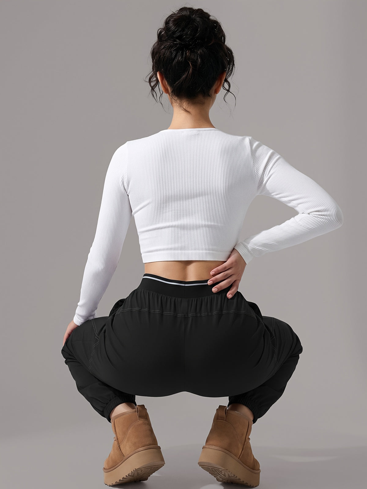 Thick Cuffed High Waist Pocket Joggers - Black