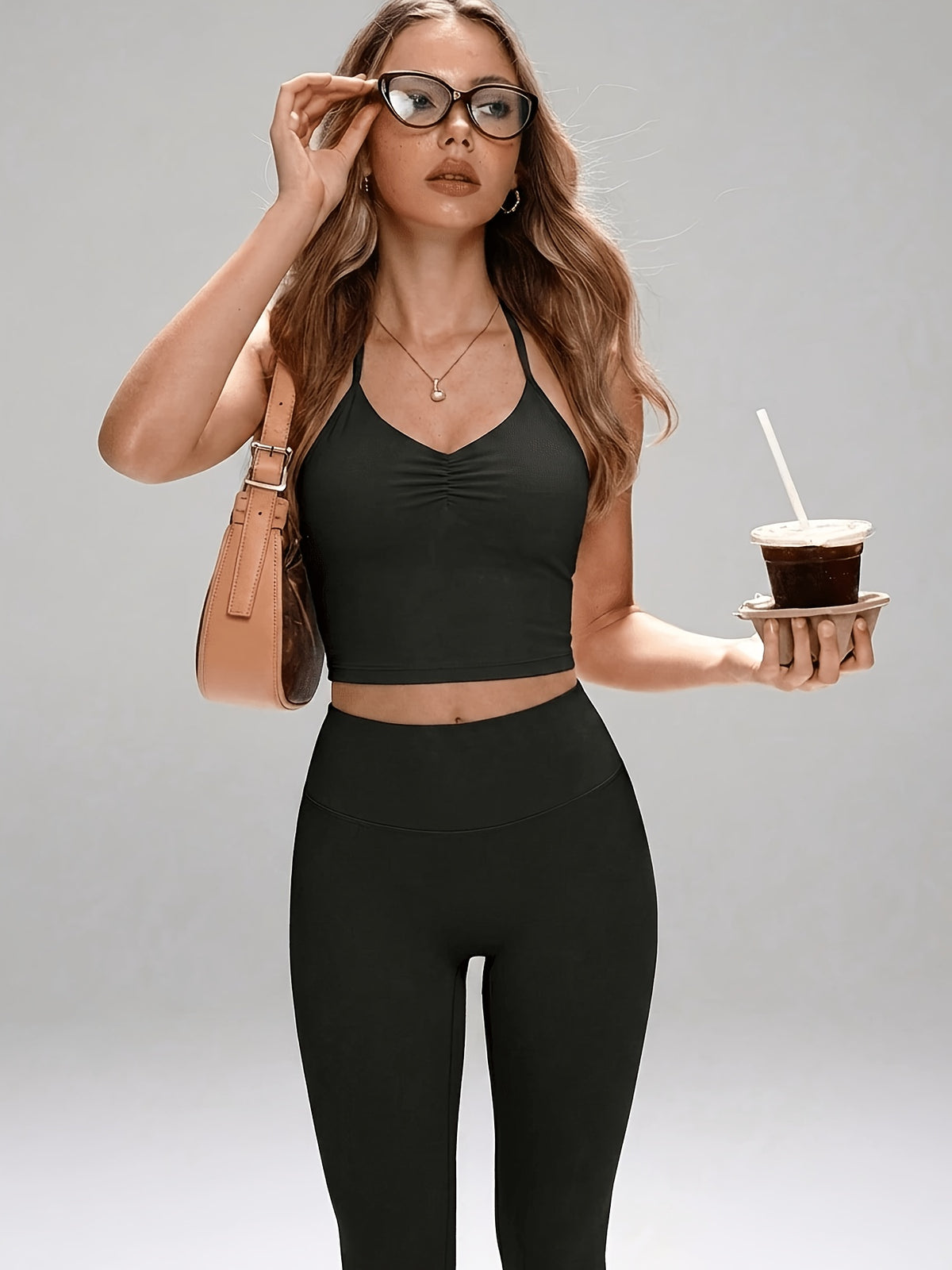 Halter Crop Tank & Leggings Set - Black
