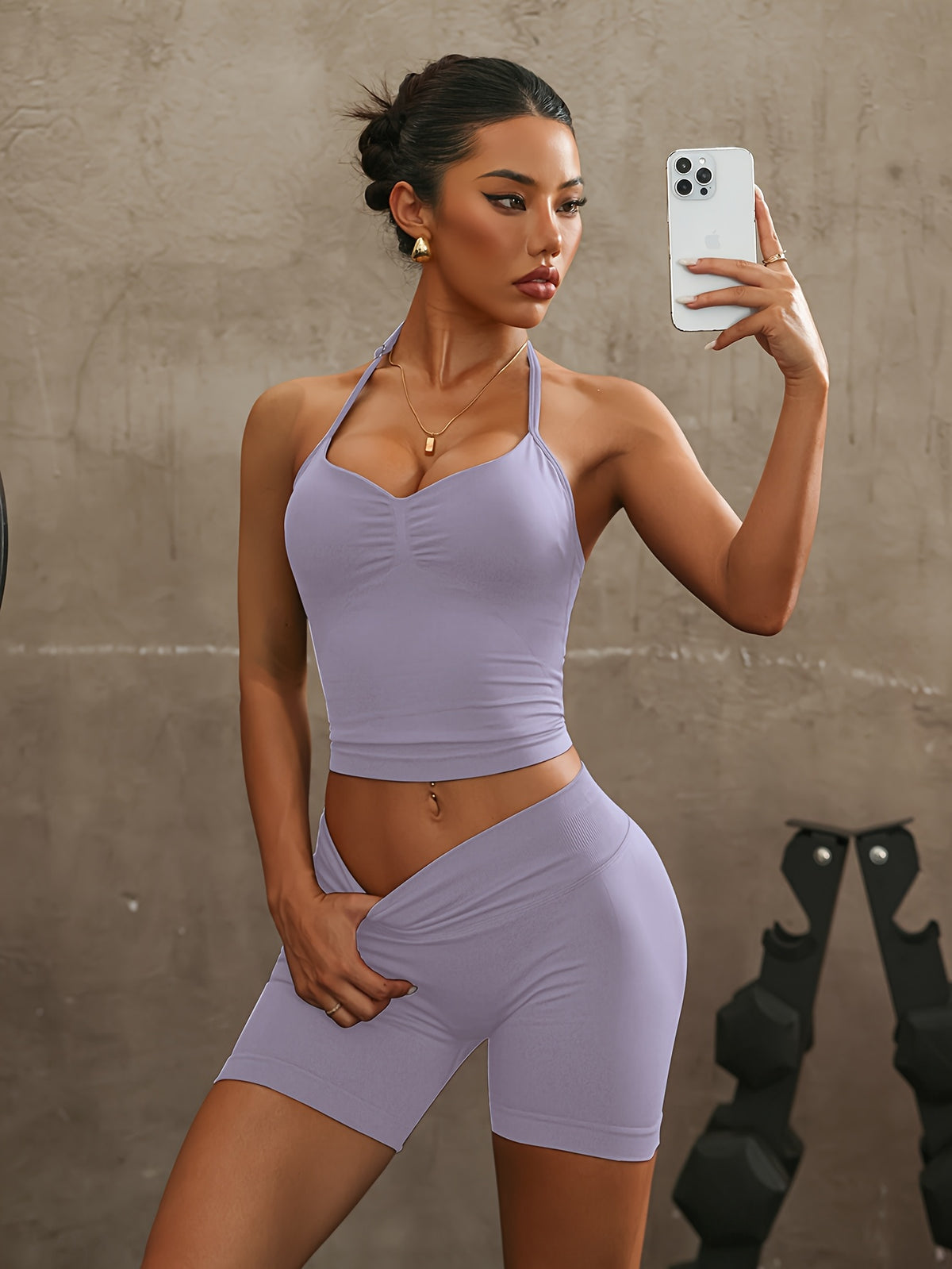 Halter Open Back Vest & Shorts Set - Light Purple