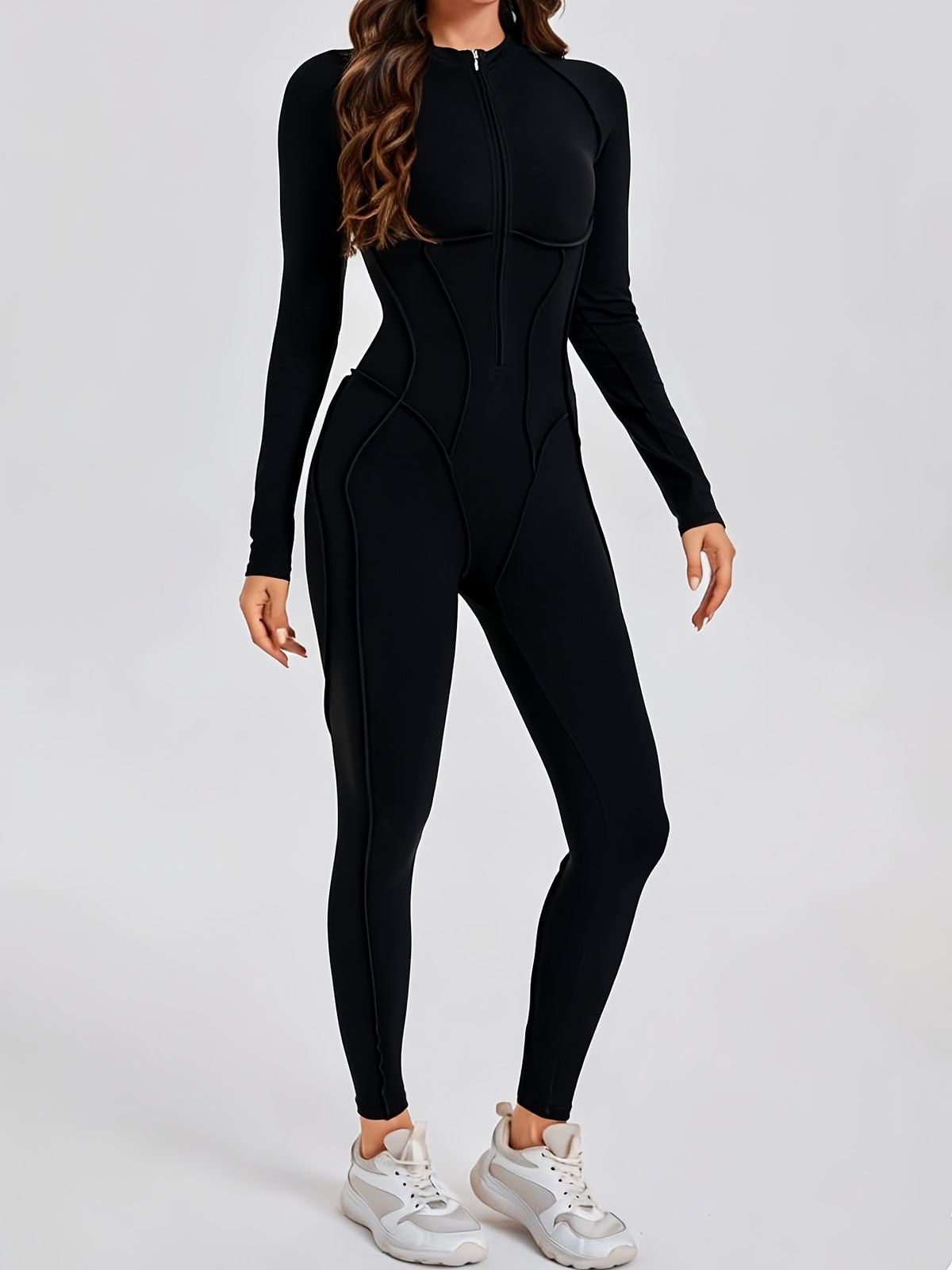 Half Zip Long Sleeve Jumpsuit - Black