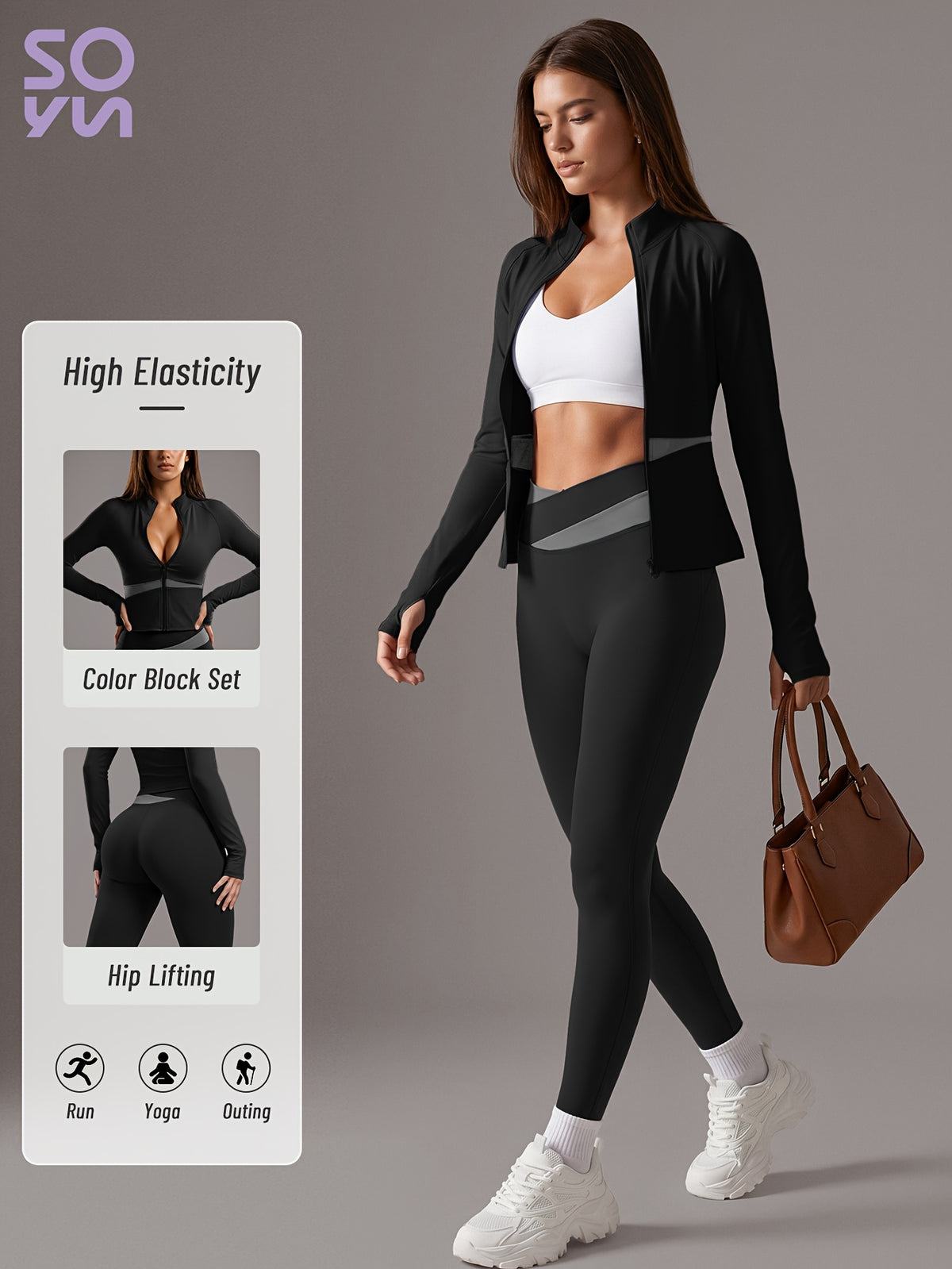 Color Block Cardigan Jacket & Slim Pants Set - Black
