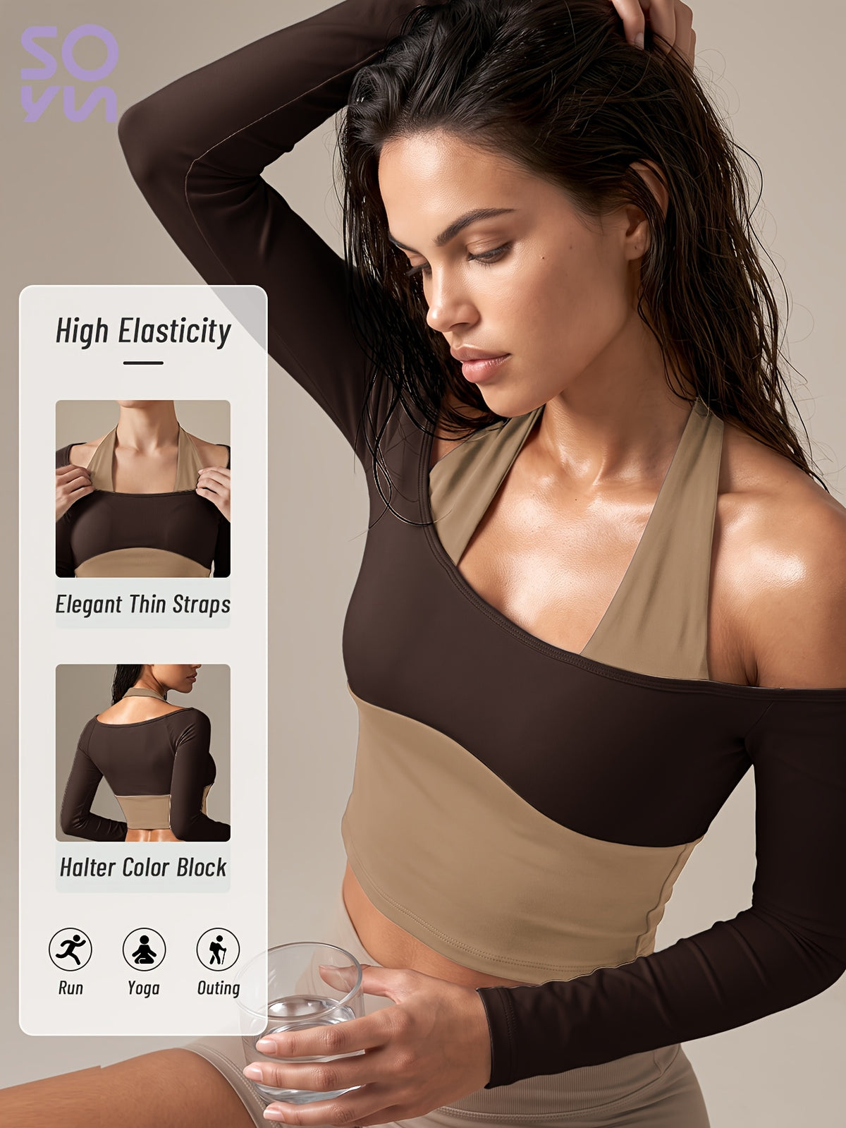 Faux Two-Piece Halter Color Block Top - Coffee
