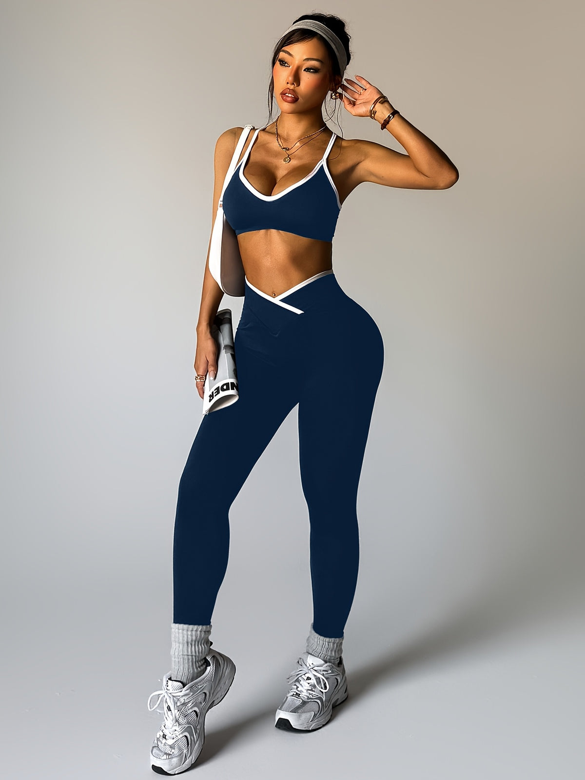 Cross Back Bra & Leggings Set - Purplish Blue