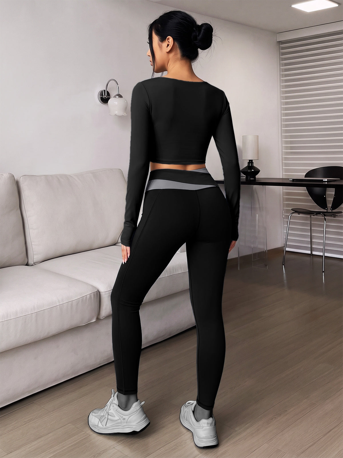 Spliced Finger Tab Crop Top & Pants Set - Black