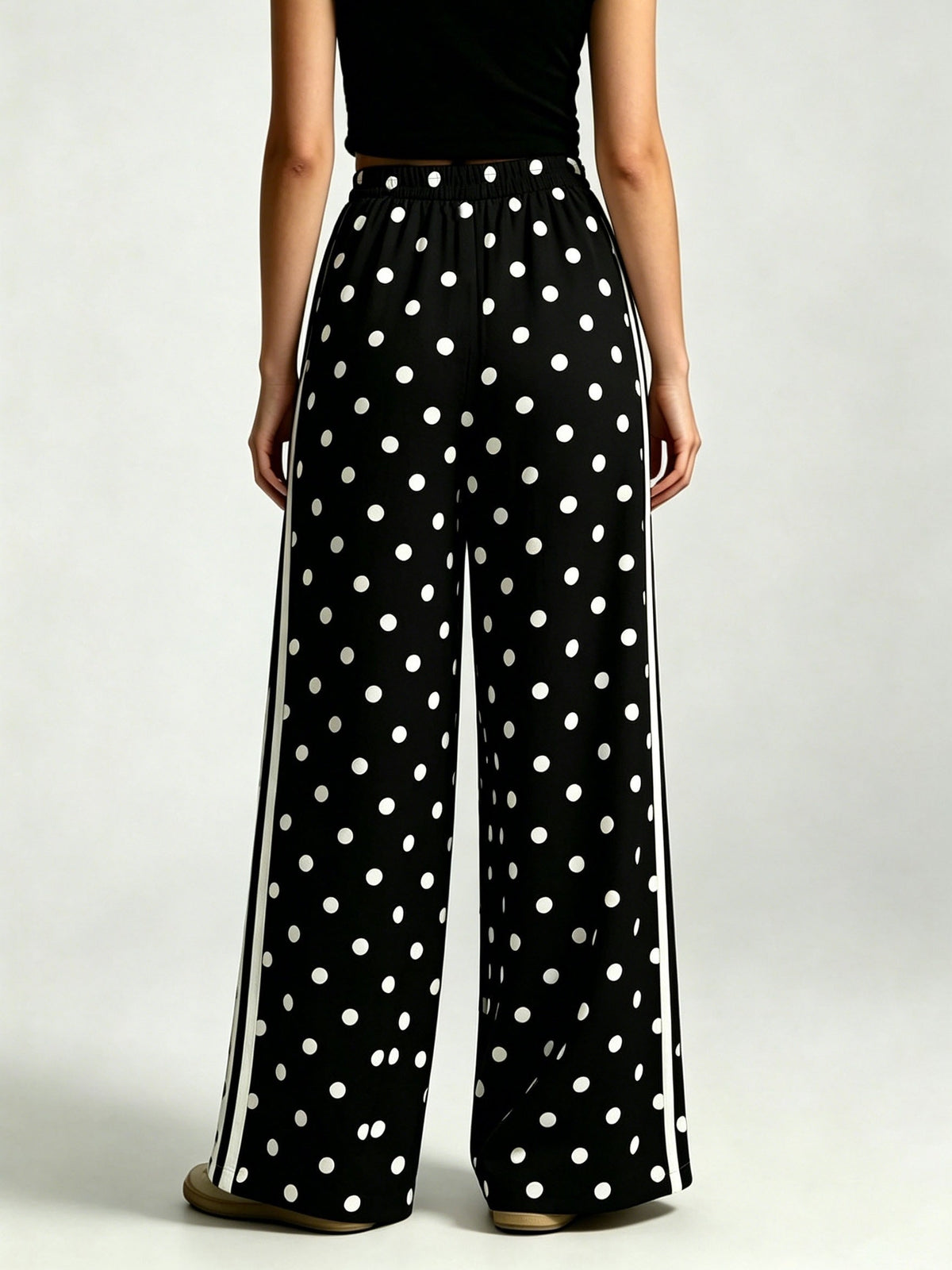Polka Dot Side Stripe Wide Leg Joggers - Black