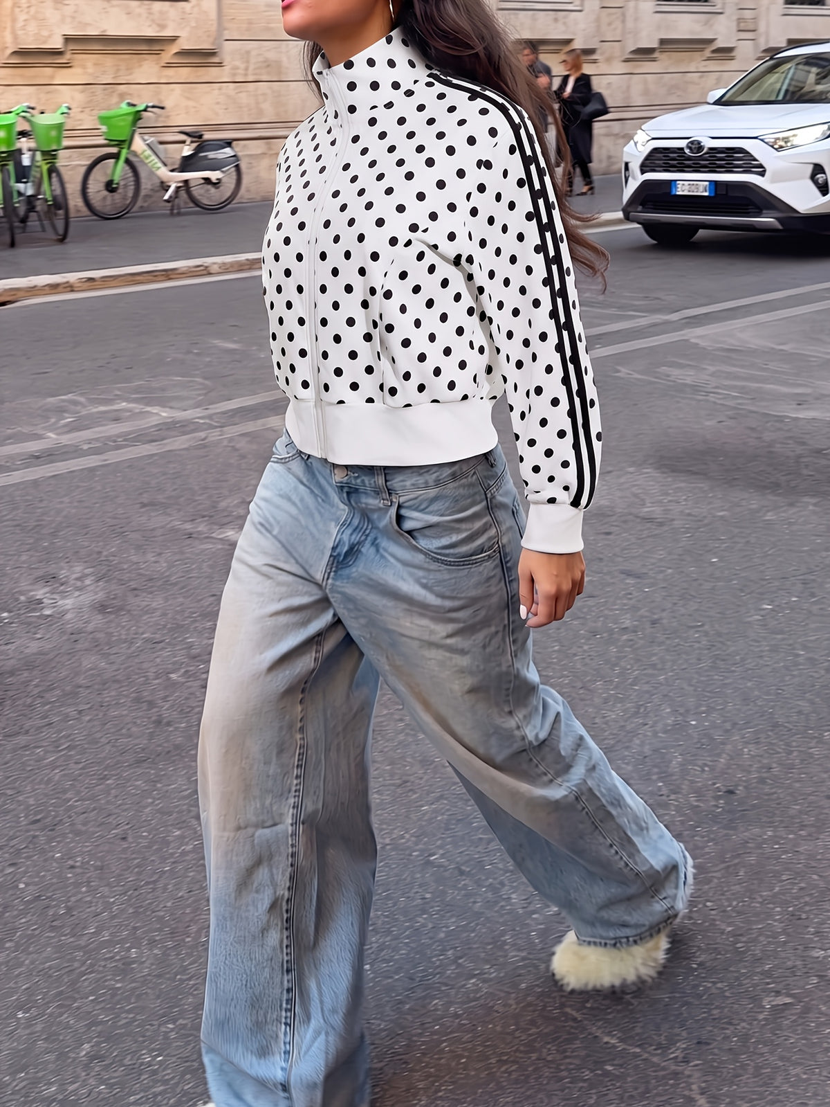 Polka Dot Stand Collar Zip Jacket - White